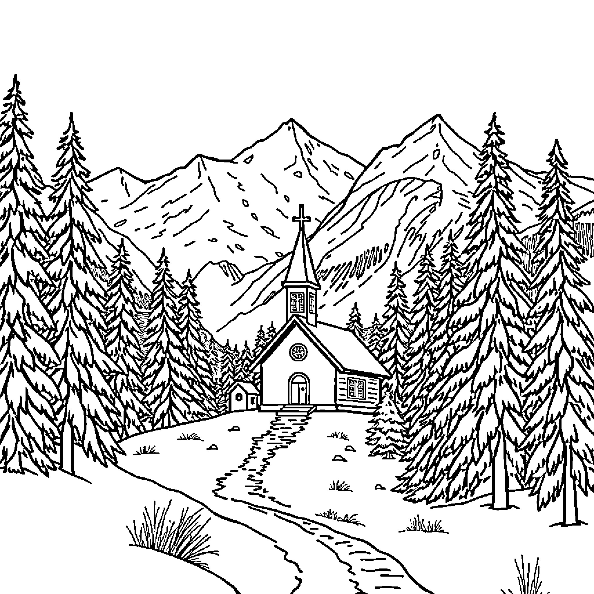 Church in the Snowy Mountain Landscape Coloring Page (free black-and-white line drawing printable PDF for all, from beginners to advanced learners, including children, teens, adults, and seniors)