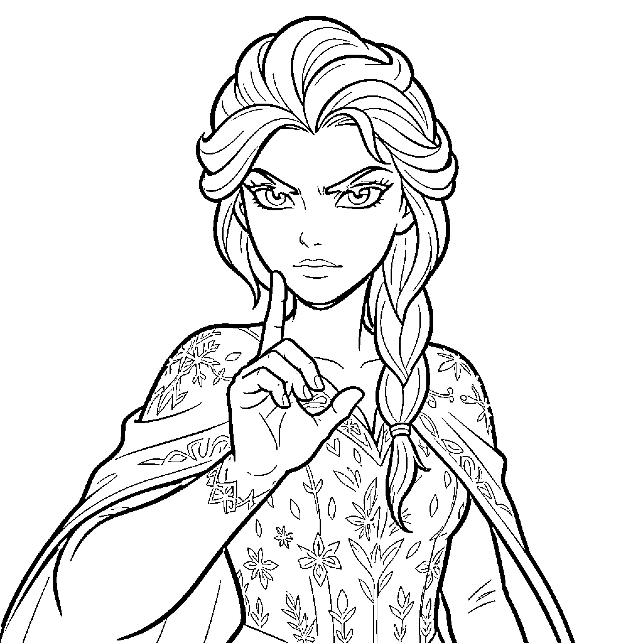 Queen with a serious expression wearing patterned royal attire Coloring Page (free black-and-white line drawing printable PDF for all, from beginners to advanced learners, including children, teens, adults, and seniors)