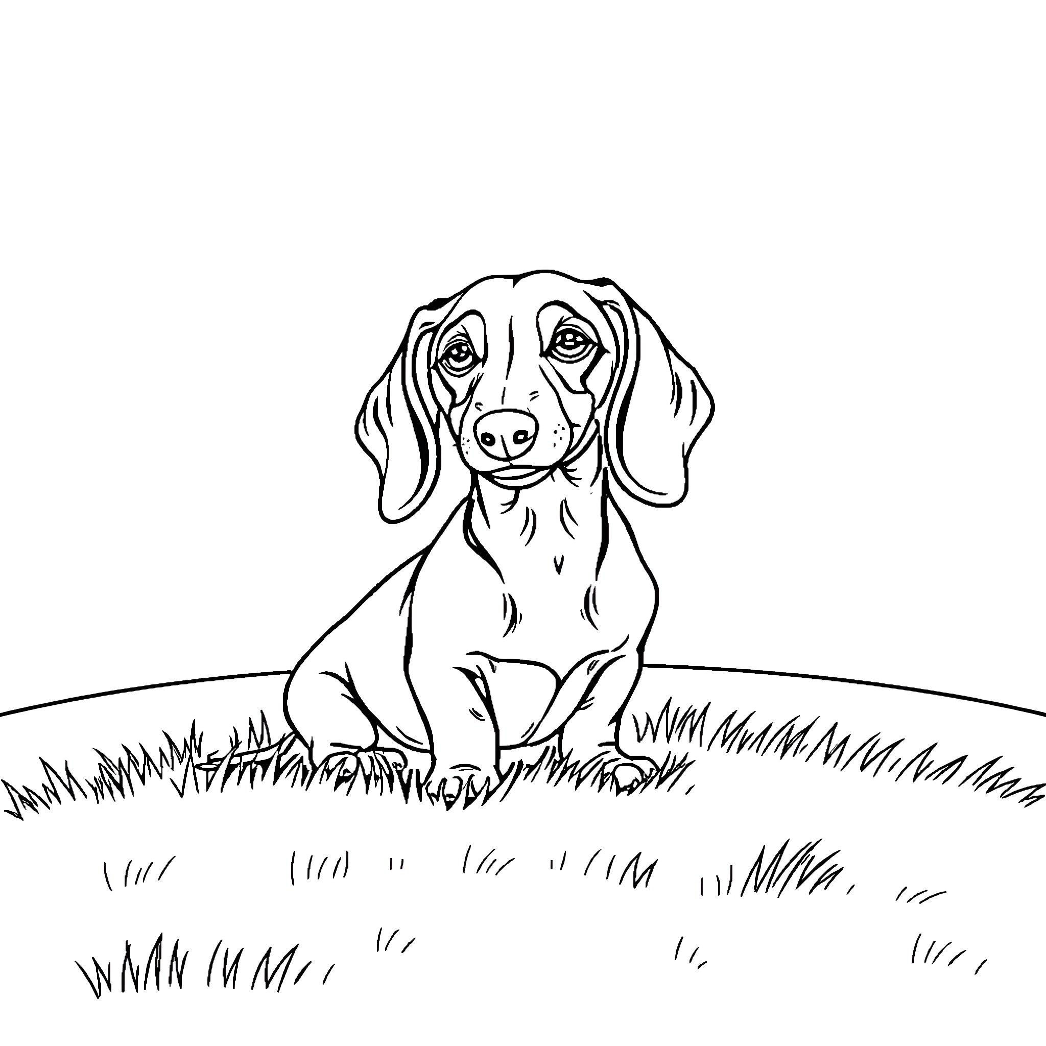 Dachshund sitting in grassy field Coloring Page (free black-and-white line drawing printable PDF for all, from beginners to advanced learners, including children, teens, adults, and seniors)