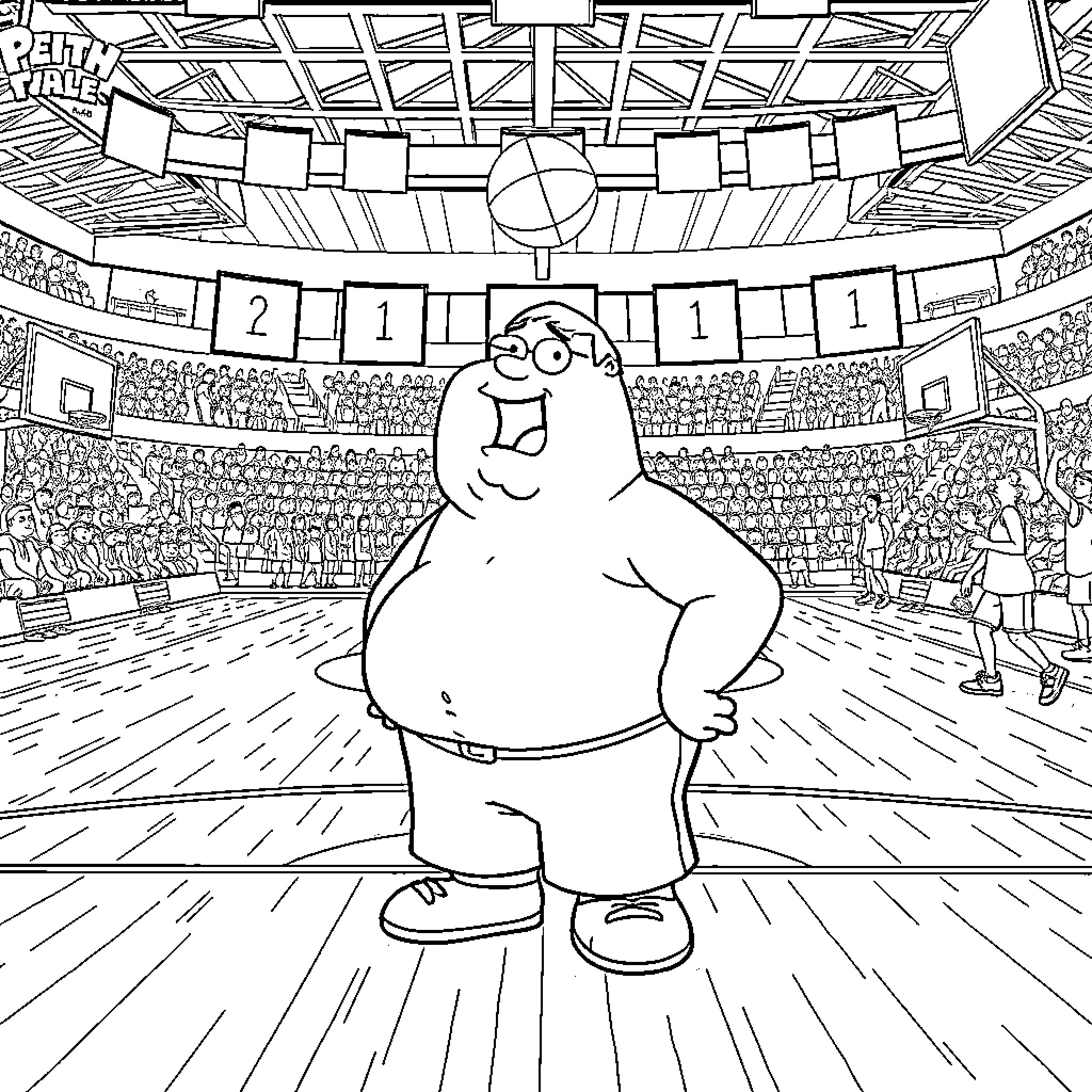 Peter Griffin in a humorous sports stadium scene Coloring Page (free black-and-white line drawing printable PDF for all, from beginners to advanced learners, including children, teens, adults, and seniors)