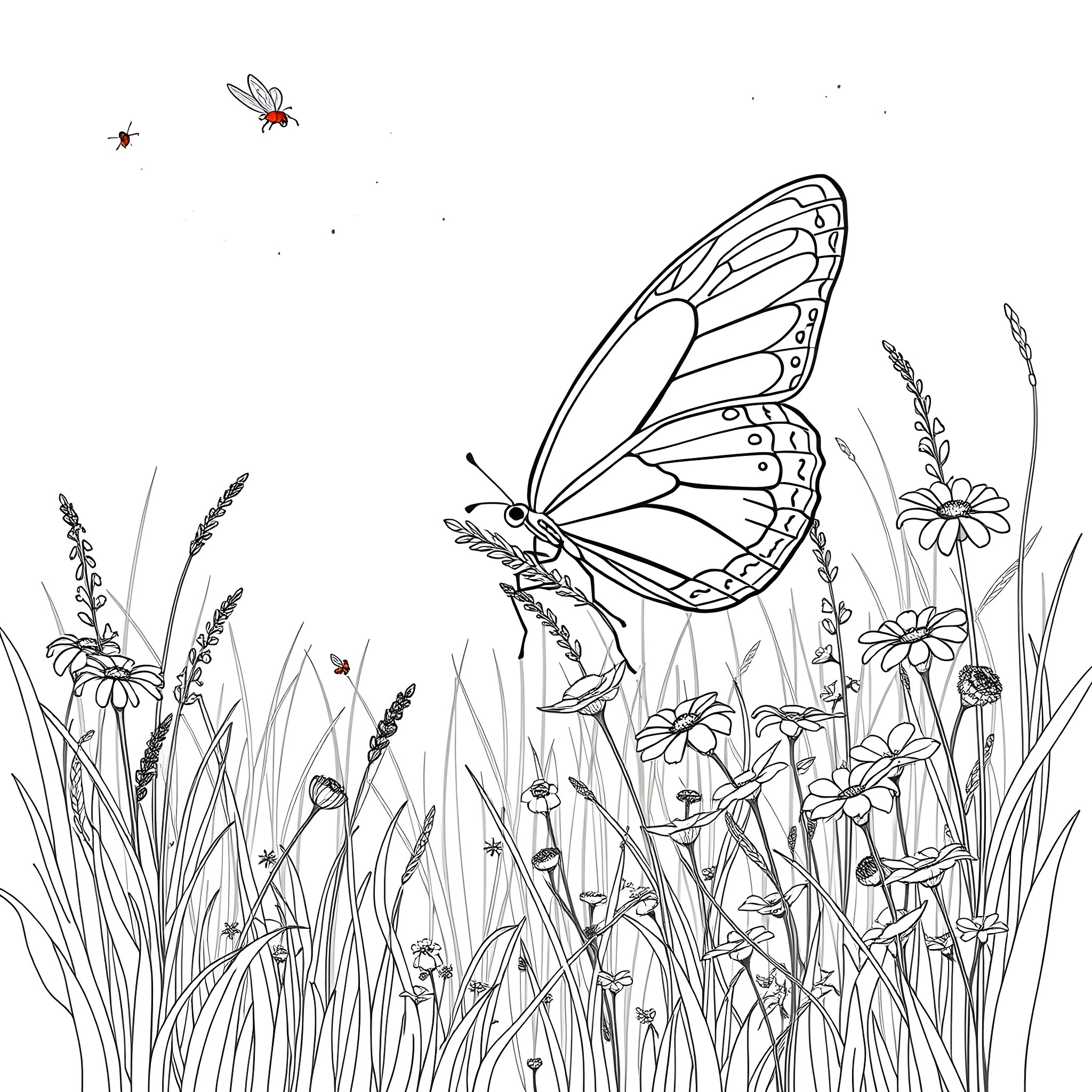 Butterfly resting on flowers in a meadow Coloring Page (free black-and-white line drawing printable PDF for all, from beginners to advanced learners, including children, teens, adults, and seniors)