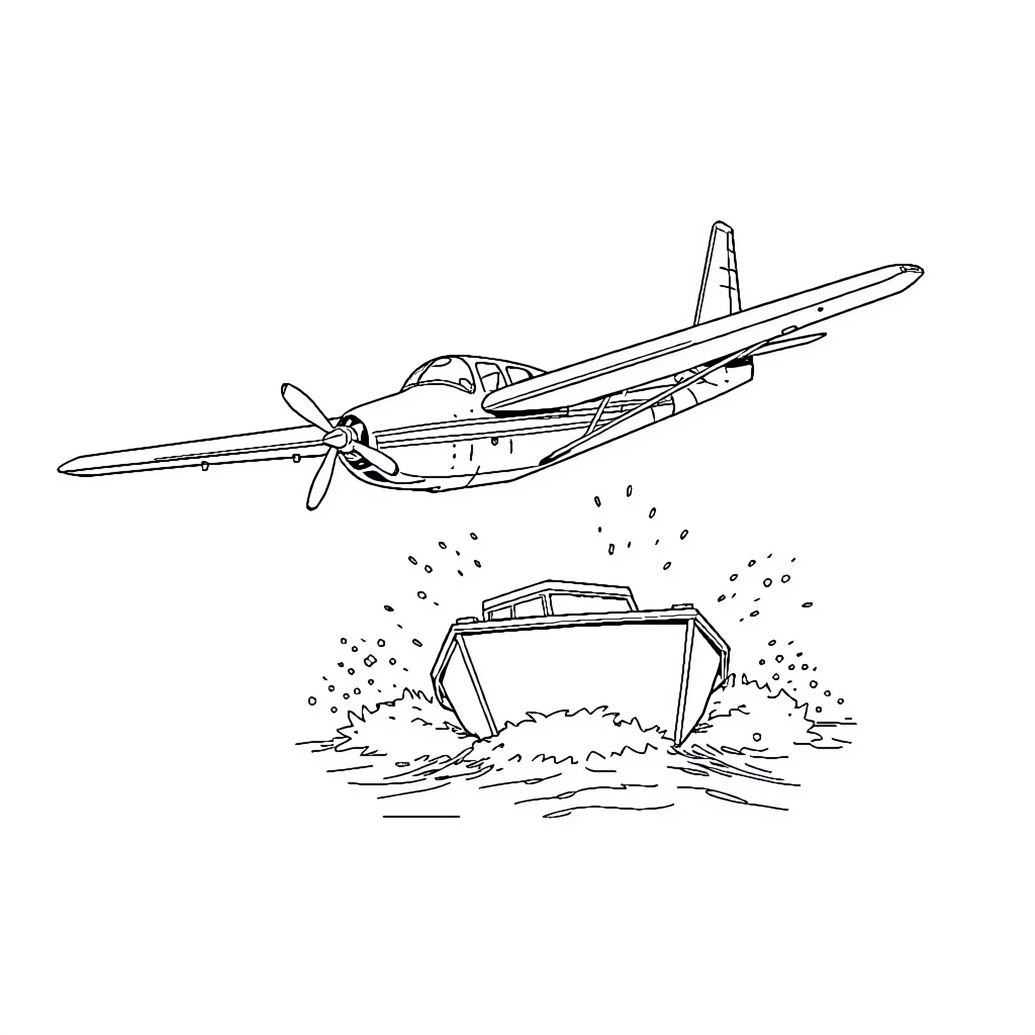 Airplane taking off and landing on water Coloring Page (free black-and-white line drawing printable PDF for all, from beginners to advanced learners, including children, teens, adults, and seniors)