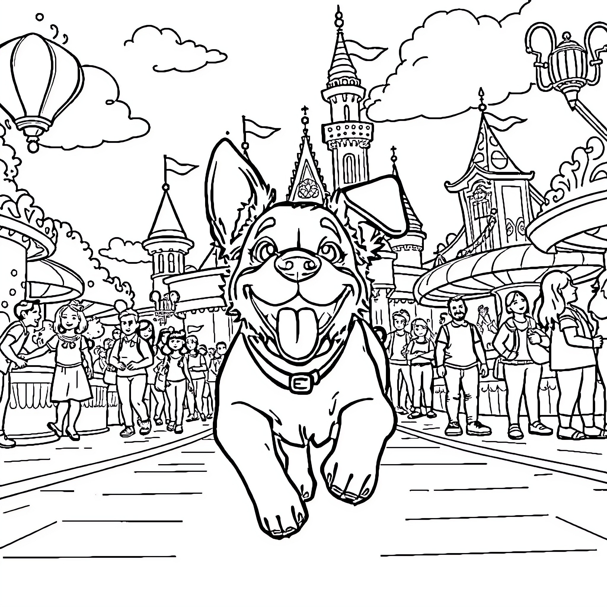 Dog enjoying the sights at a lively amusement park Coloring Page (free black-and-white line drawing printable PDF for all, from beginners to advanced learners, including children, teens, adults, and seniors)