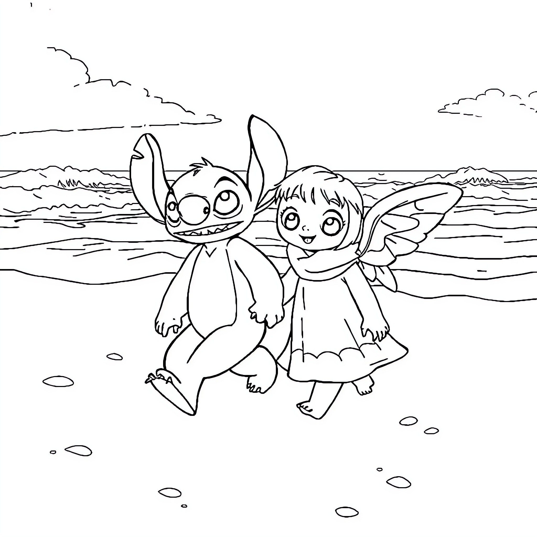Stitch and Fairy Enjoying Beach Adventure Coloring Page (free black-and-white line drawing printable PDF for all, from beginners to advanced learners, including children, teens, adults, and seniors)