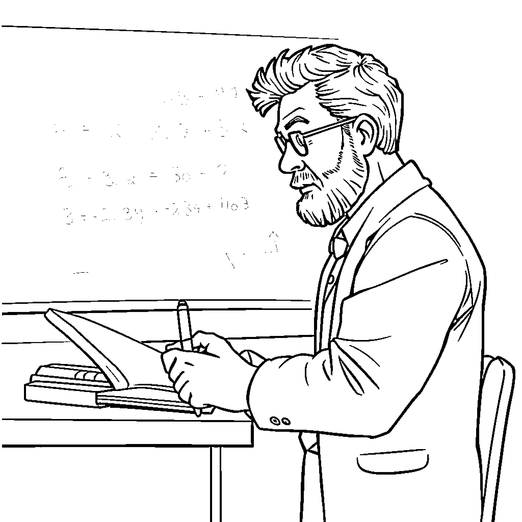 Mathematics Teacher Writing Intently at Desk Coloring Page (free black-and-white line drawing printable PDF for all, from beginners to advanced learners, including children, teens, adults, and seniors)