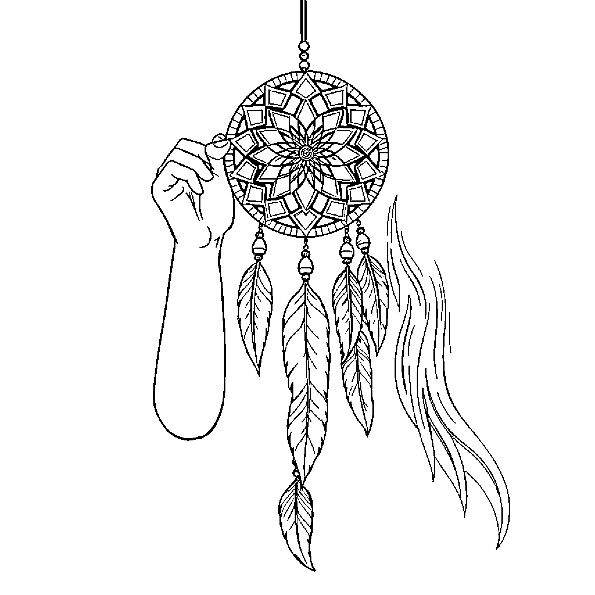 Kenda's dreamcatcher with intricate patterns and feathers Coloring Page (free black-and-white line drawing printable PDF for all, from beginners to advanced learners, including children, teens, adults, and seniors)