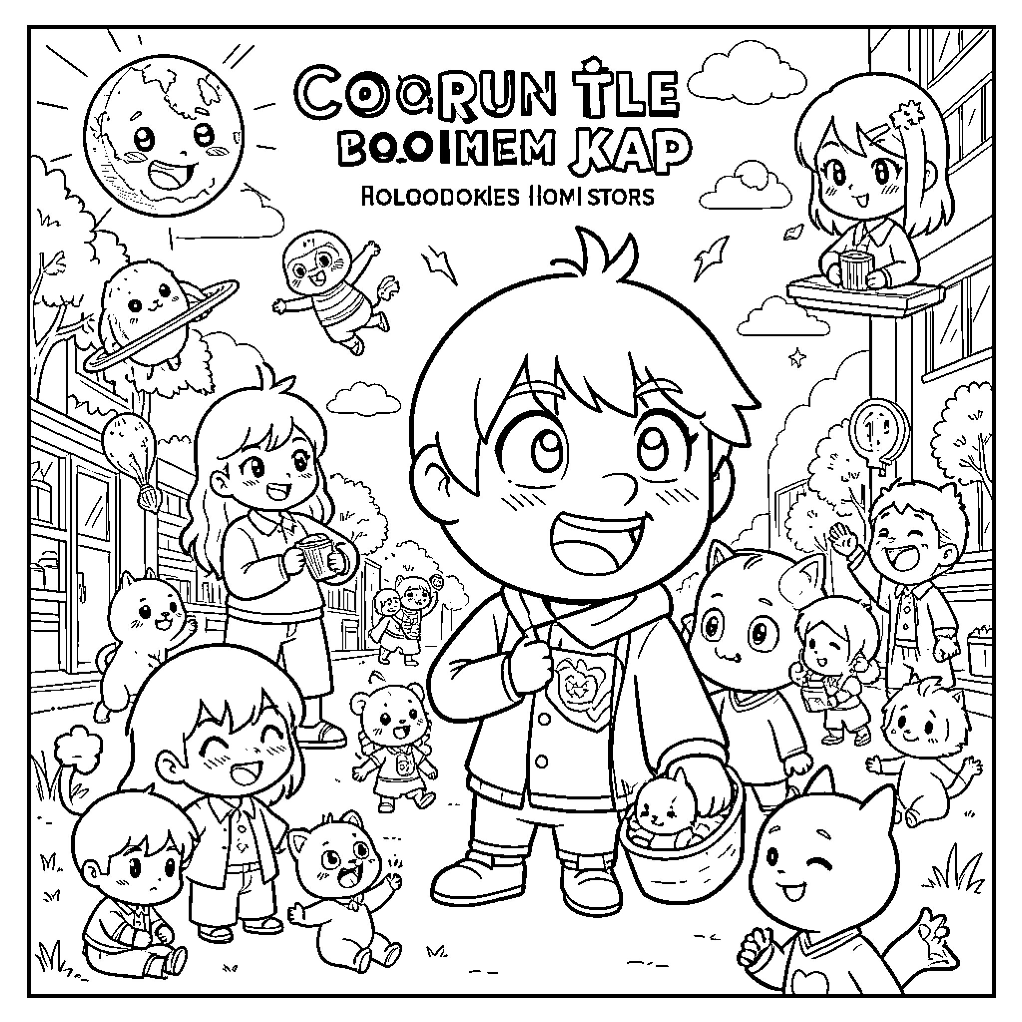 Anime characters celebrating in a whimsical outdoor scene Coloring Page (free black-and-white line drawing printable PDF for all, from beginners to advanced learners, including children, teens, adults, and seniors)