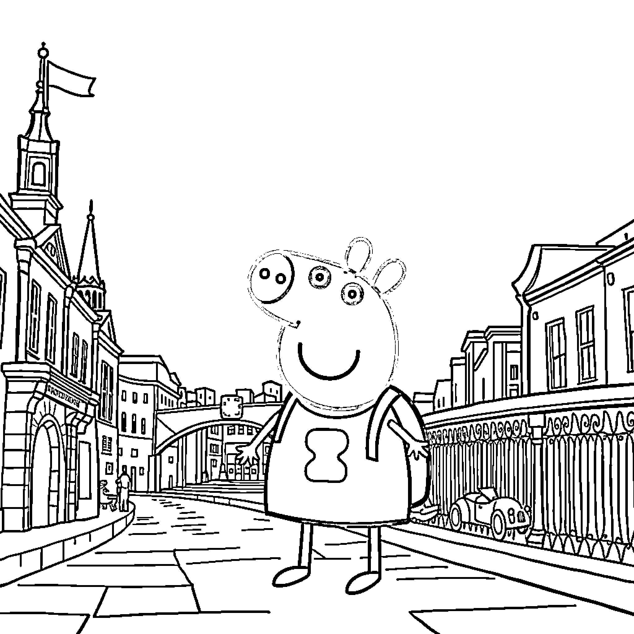 Peppa Pig explores the city street Coloring Page (free black-and-white line drawing printable PDF for all, from beginners to advanced learners, including children, teens, adults, and seniors)