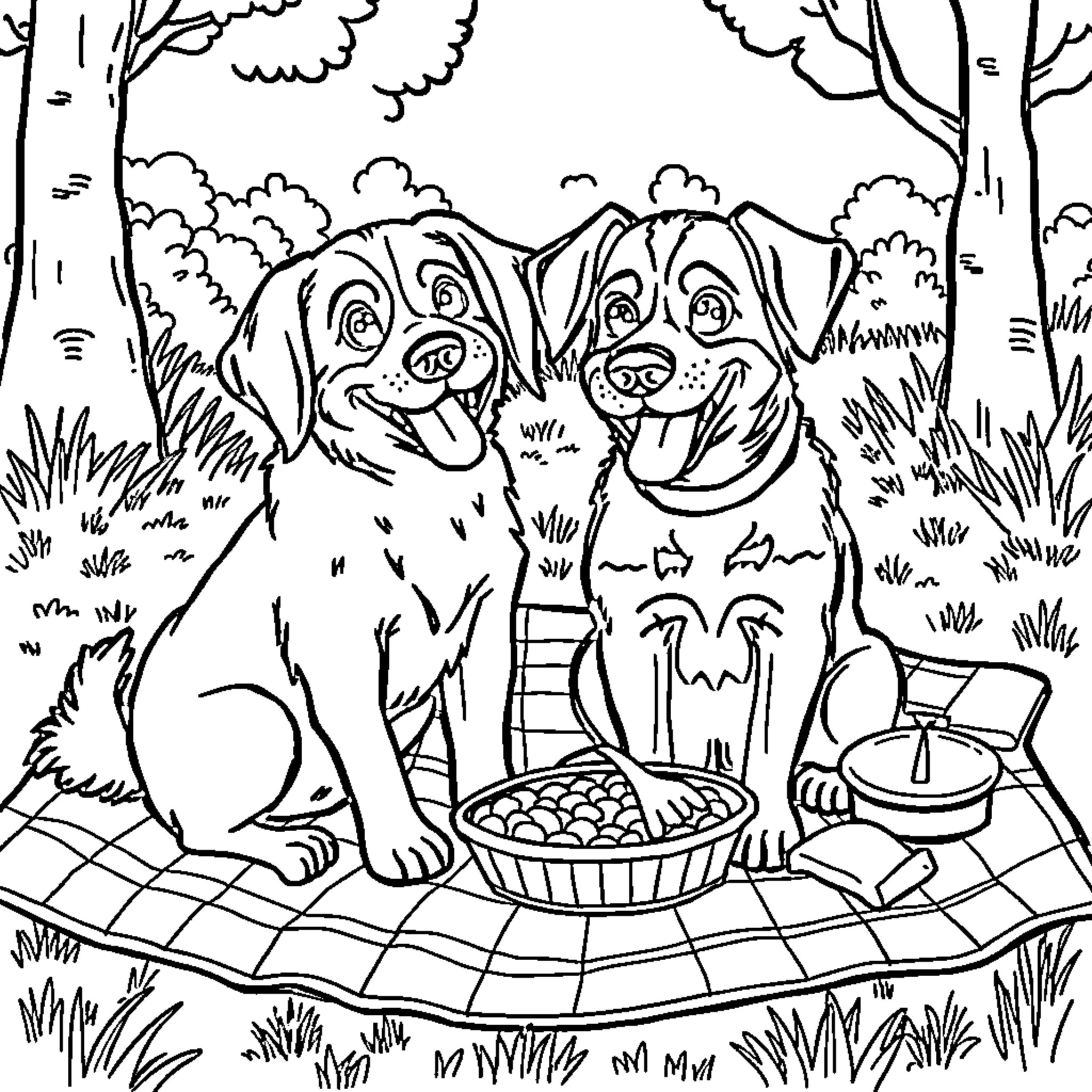 Dog friends enjoying picnic in the park Coloring Page (free black-and-white line drawing printable PDF for all, from beginners to advanced learners, including children, teens, adults, and seniors)