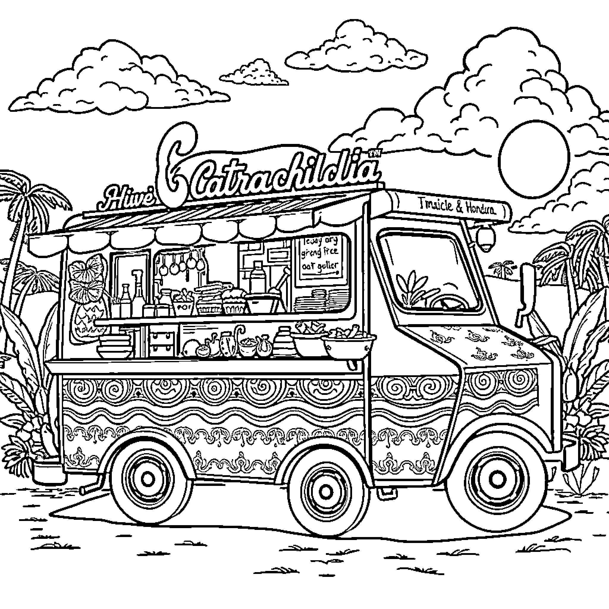 Food Truck Serving Tropical Treats on a Beach Scene Coloring Page (free black-and-white line drawing printable PDF for all, from beginners to advanced learners, including children, teens, adults, and seniors)