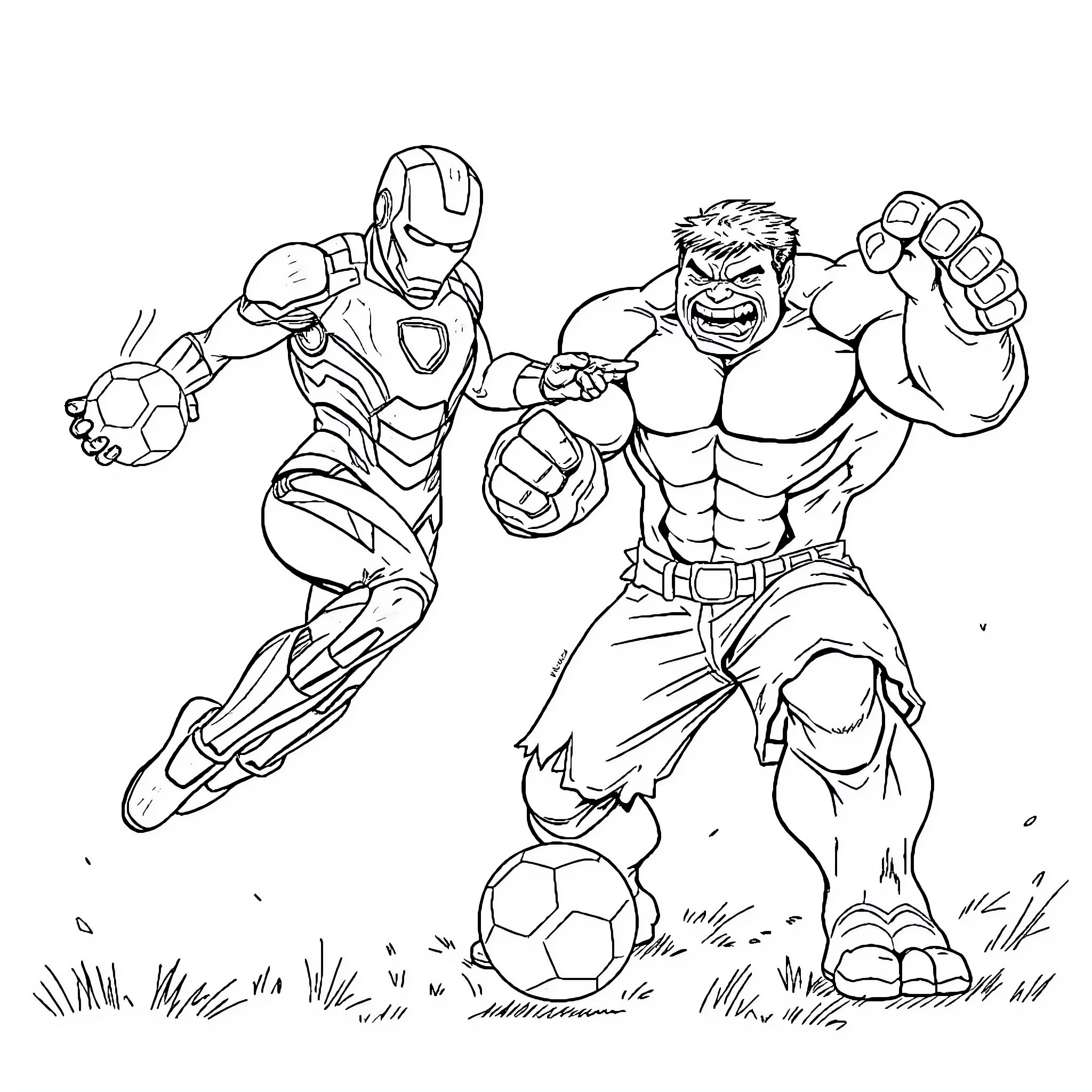 Iron Man and Hulk Clash in Epic Battle Coloring Page (free black-and-white line drawing printable PDF for all, from beginners to advanced learners, including children, teens, adults, and seniors)