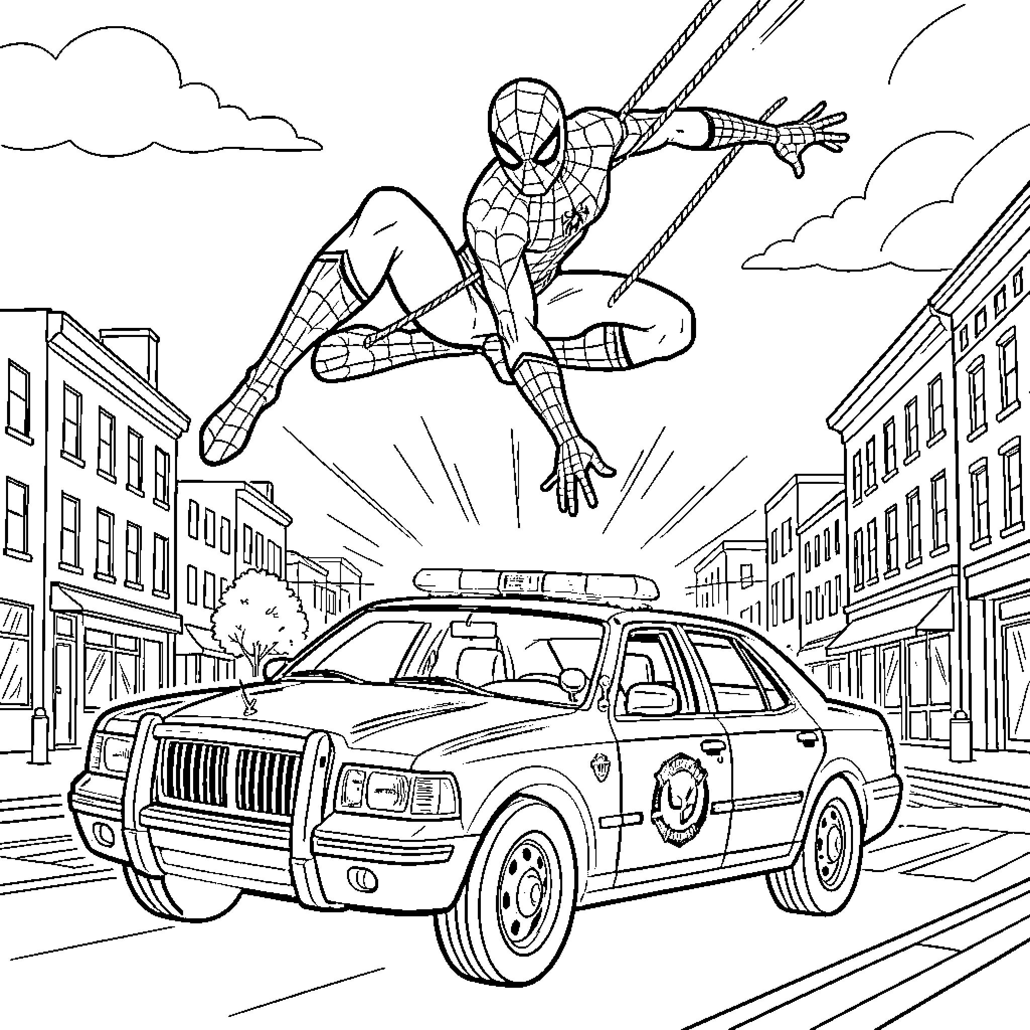 Spiderman swinging into action over the city streets Coloring Page (free black-and-white line drawing printable PDF for all, from beginners to advanced learners, including children, teens, adults, and seniors)