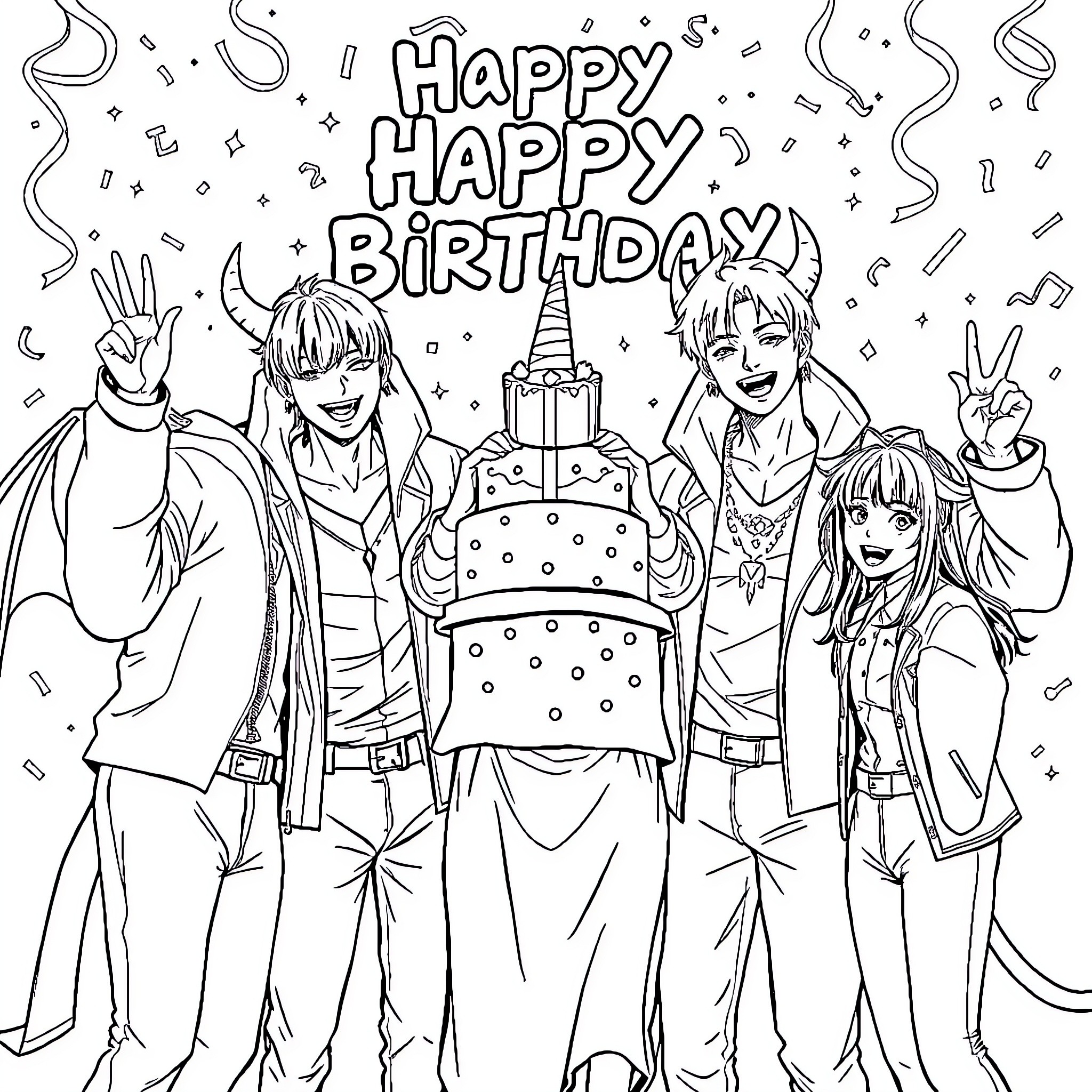 Kpop Demon Hunter Celebrating with Friends Coloring Page (free black-and-white line drawing printable PDF for all, from beginners to advanced learners, including children, teens, adults, and seniors)