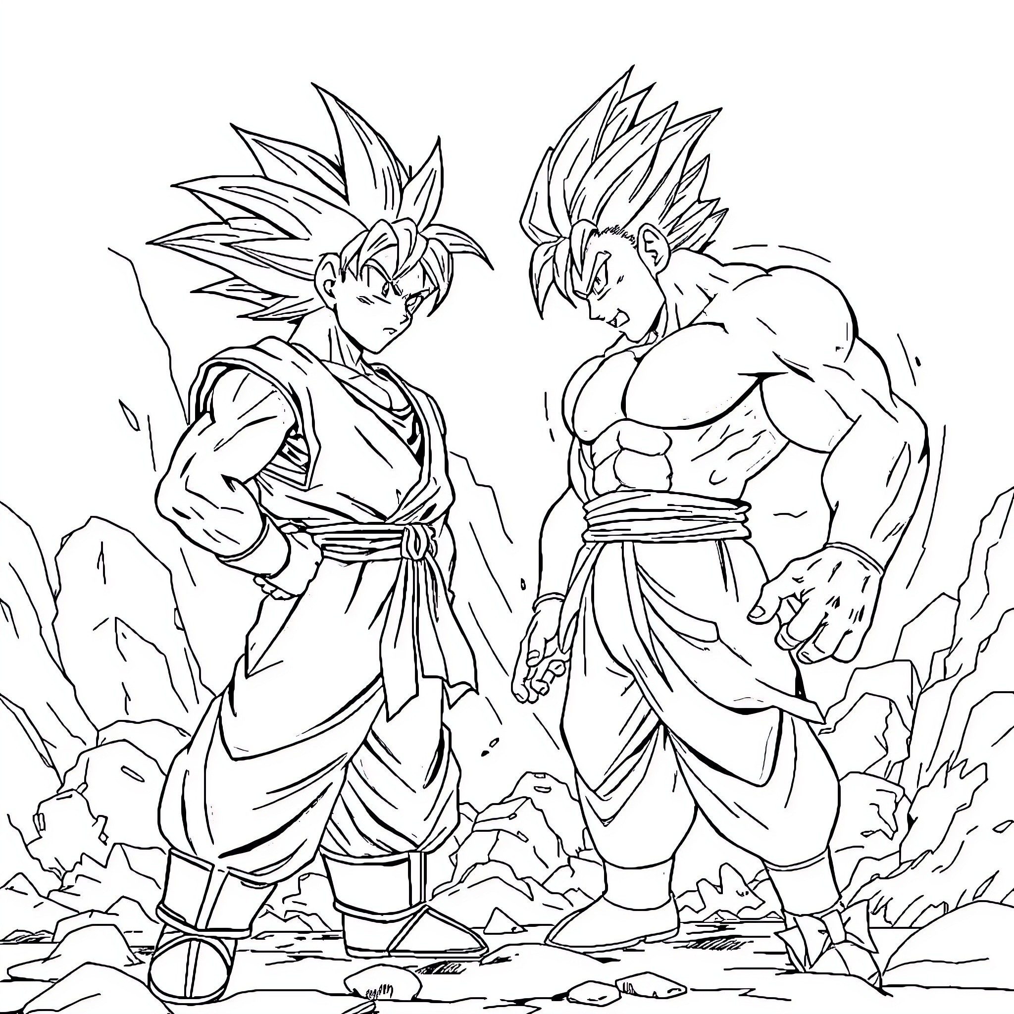 Goku and Vegeta's Fierce Battle Coloring Page (free black-and-white line drawing printable PDF for all, from beginners to advanced learners, including children, teens, adults, and seniors)