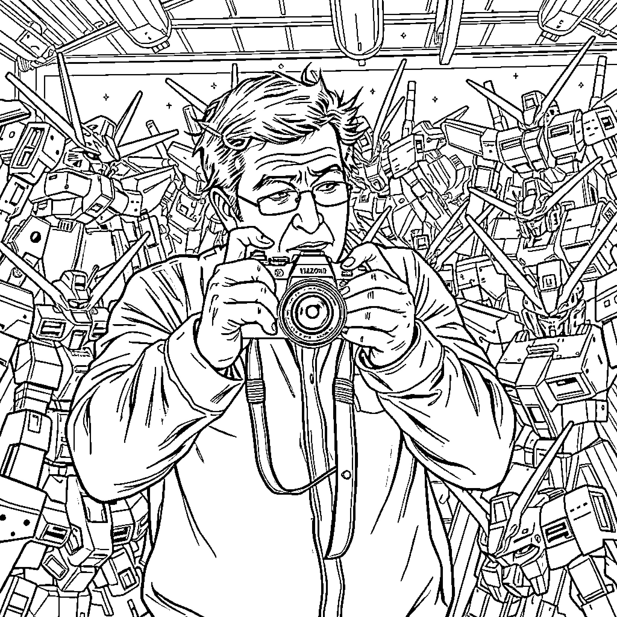 Photographer capturing the chaotic scene of futuristic machinery Coloring Page (free black-and-white line drawing printable PDF for all, from beginners to advanced learners, including children, teens, adults, and seniors)