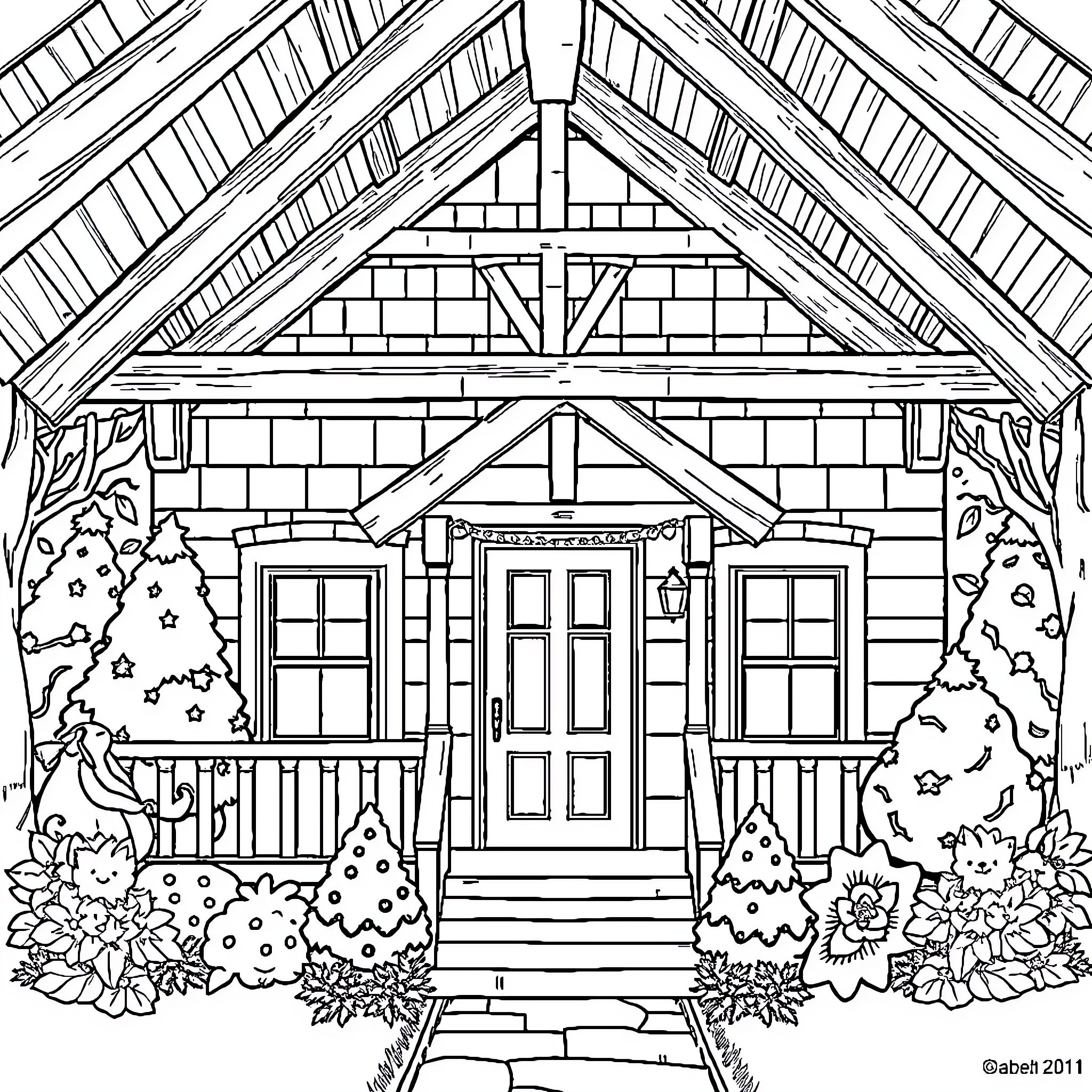 House with detailed architectural features Coloring Page (free black-and-white line drawing printable PDF for all, from beginners to advanced learners, including children, teens, adults, and seniors)