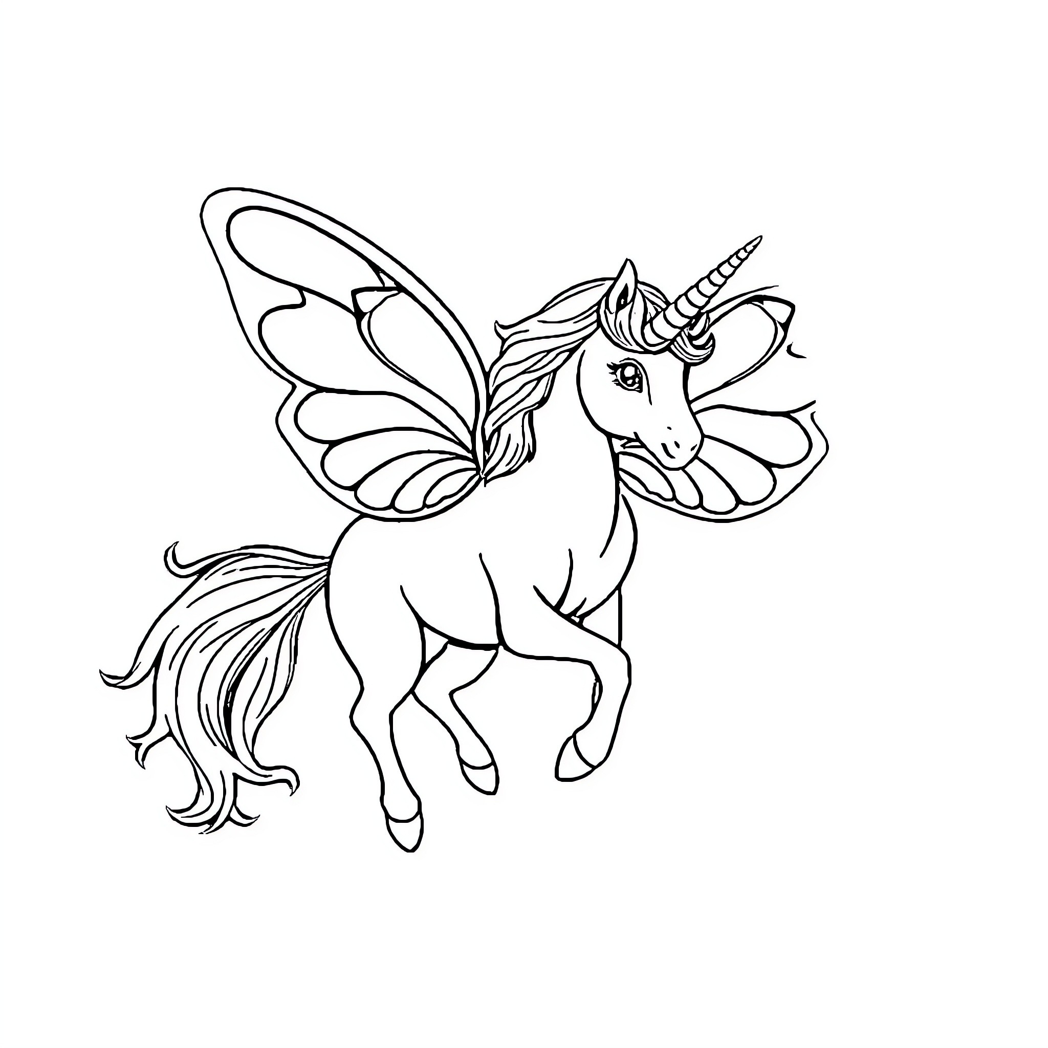 Butterfly Unicorn soaring with grace Coloring Page (free black-and-white line drawing printable PDF for all, from beginners to advanced learners, including children, teens, adults, and seniors)