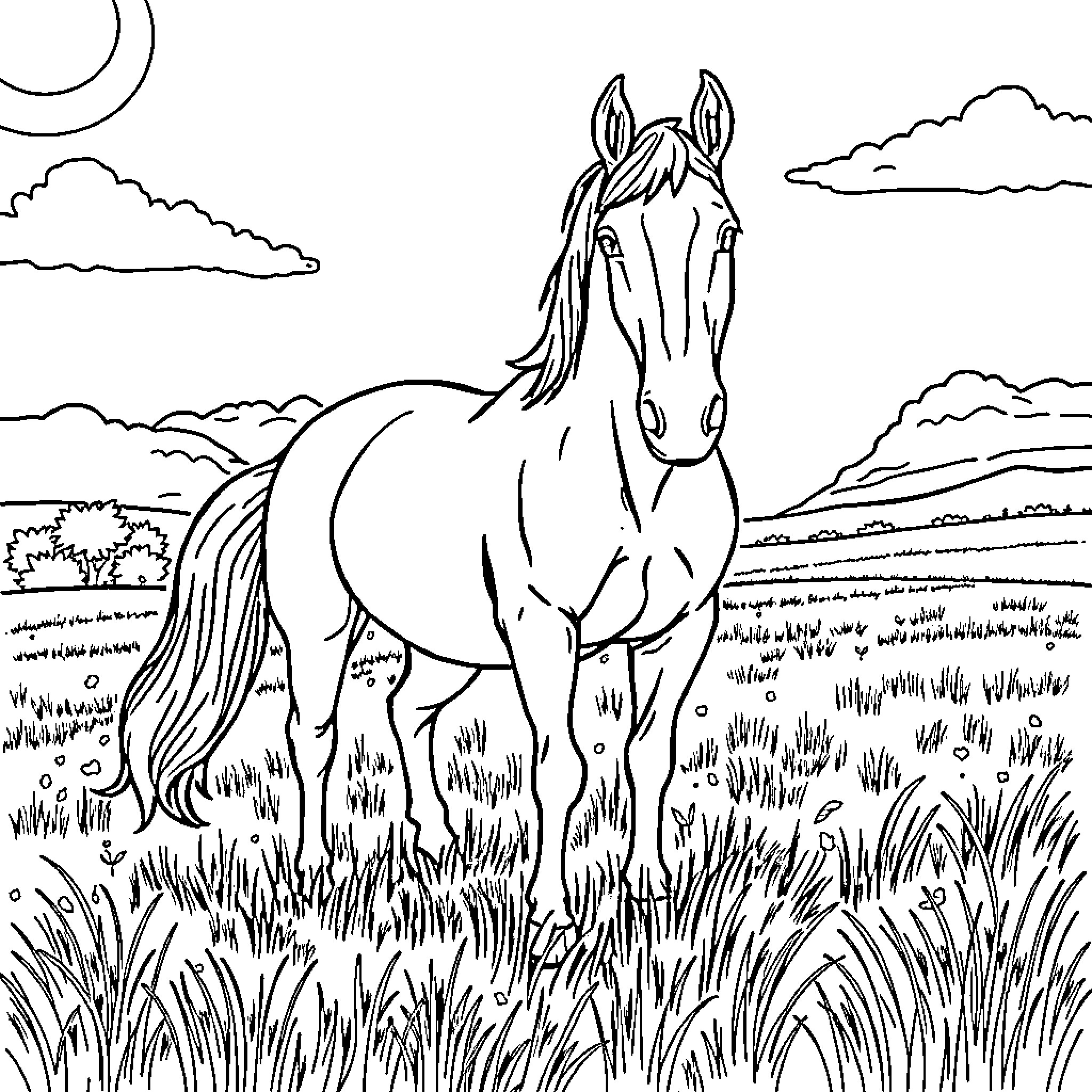 Horse standing in the field under the moon Coloring Page (free black-and-white line drawing printable PDF for all, from beginners to advanced learners, including children, teens, adults, and seniors)