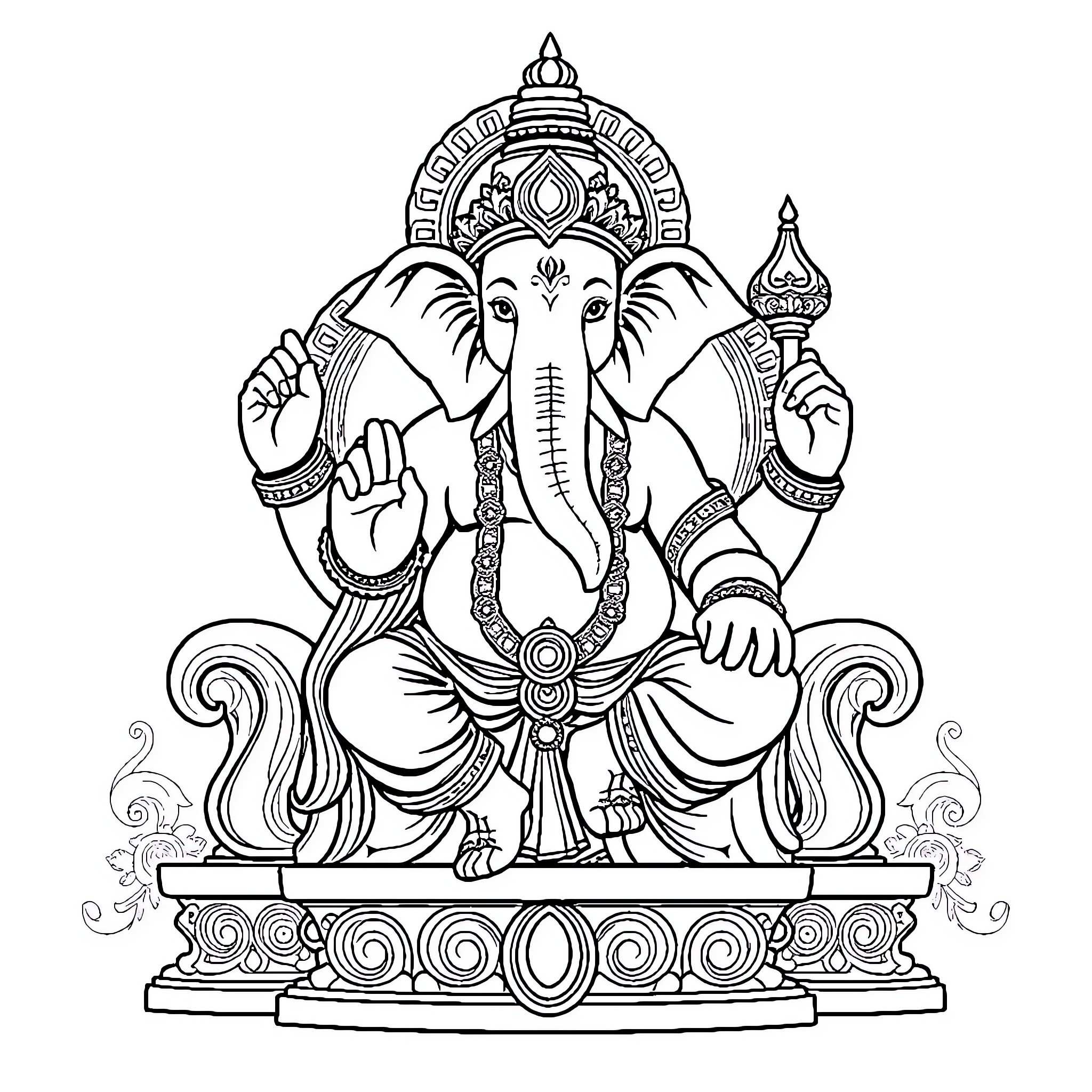 Ganapati's Majestic Presence Coloring Page (free black-and-white line drawing printable PDF for all, from beginners to advanced learners, including children, teens, adults, and seniors)