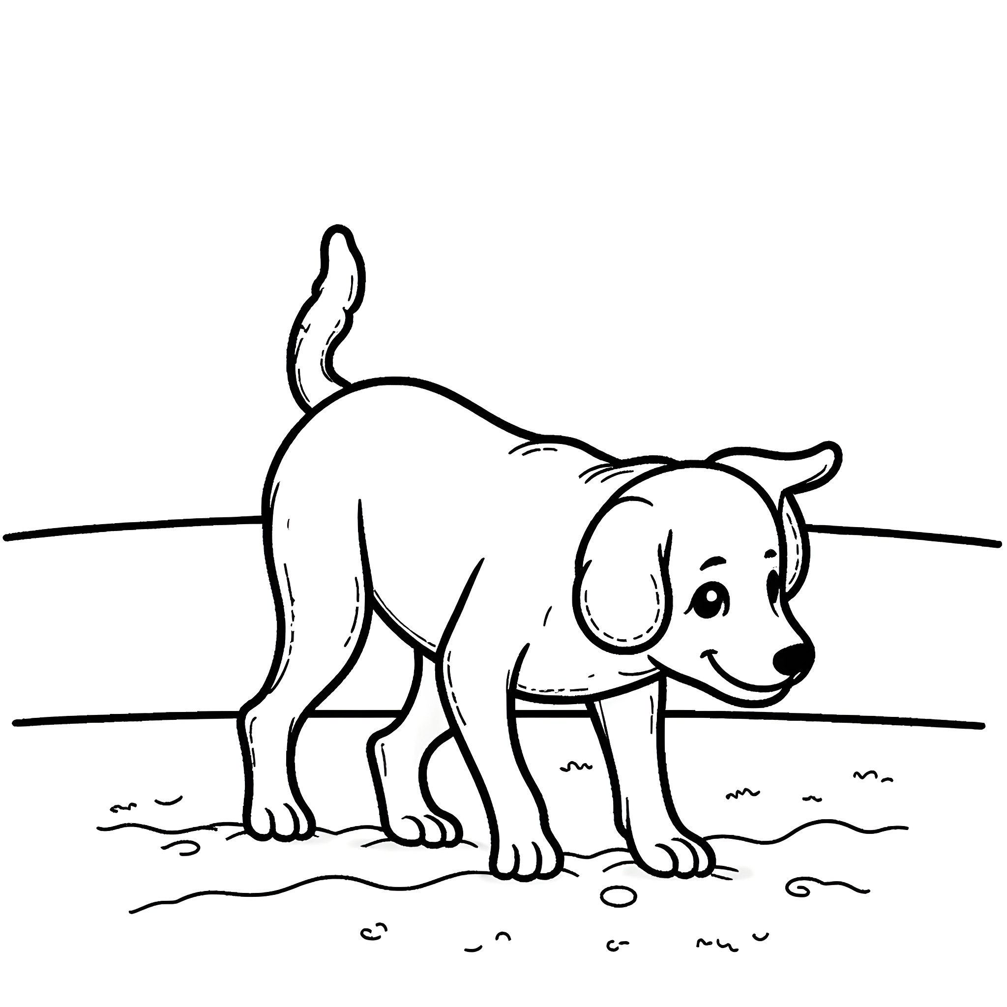 Dog exploring the outdoors Coloring Page (free black-and-white line drawing printable PDF for all, from beginners to advanced learners, including children, teens, adults, and seniors)