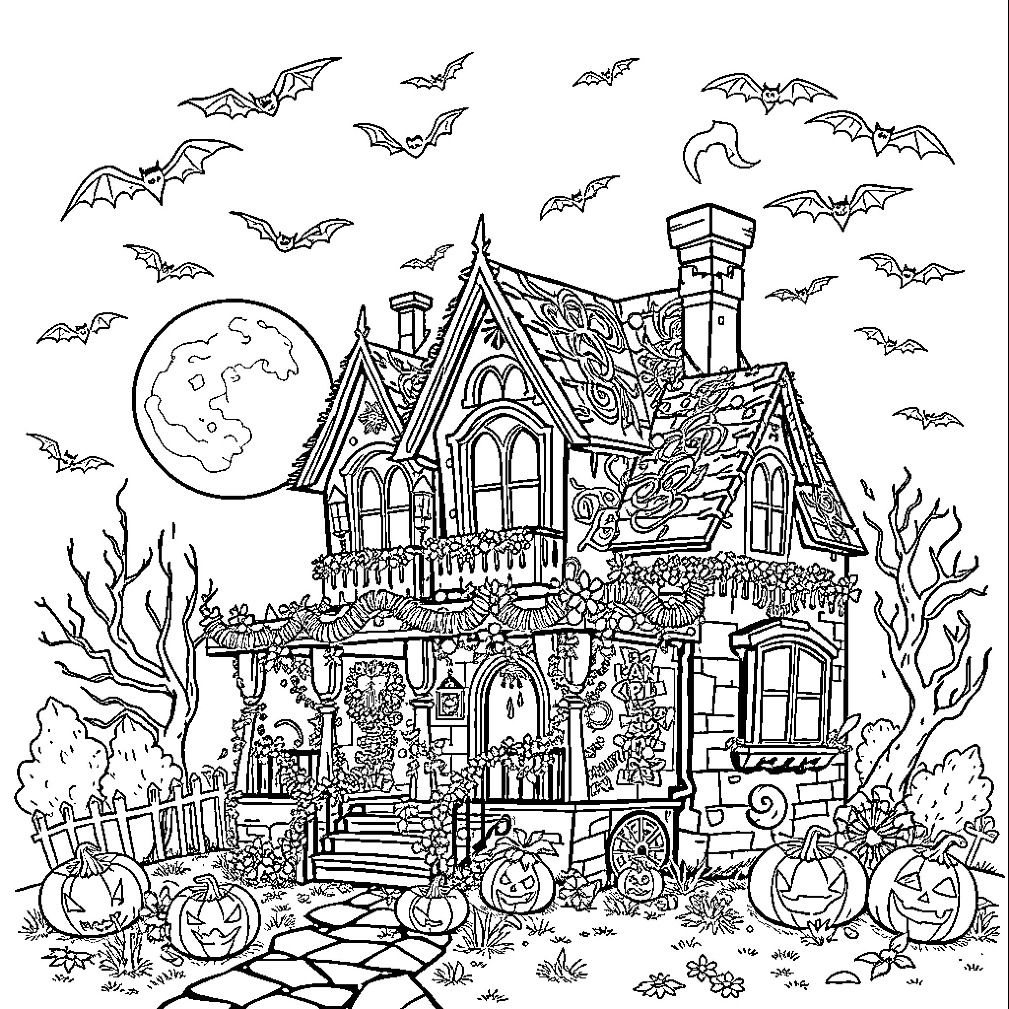 House with Halloween decorations and bats Coloring Page (free black-and-white line drawing printable PDF for all, from beginners to advanced learners, including children, teens, adults, and seniors)