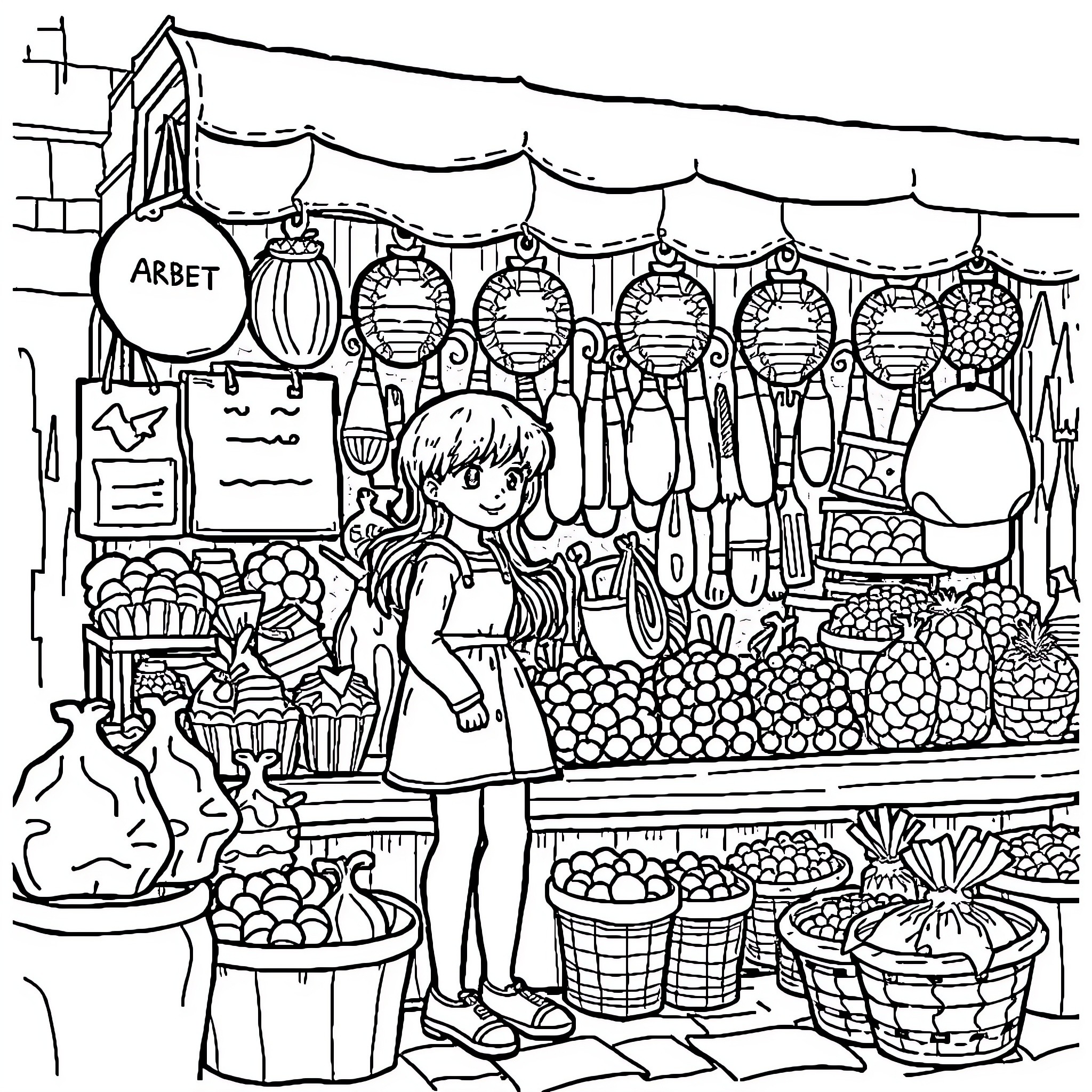 Bobbie's Day at the Lively Market Coloring Page (free black-and-white line drawing printable PDF for all, from beginners to advanced learners, including children, teens, adults, and seniors)