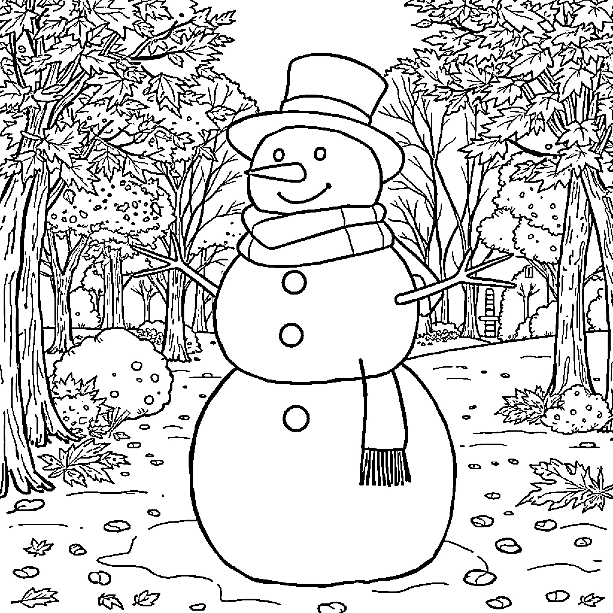 Snowman enjoying a snowy winter day Coloring Page (free black-and-white line drawing printable PDF for all, from beginners to advanced learners, including children, teens, adults, and seniors)