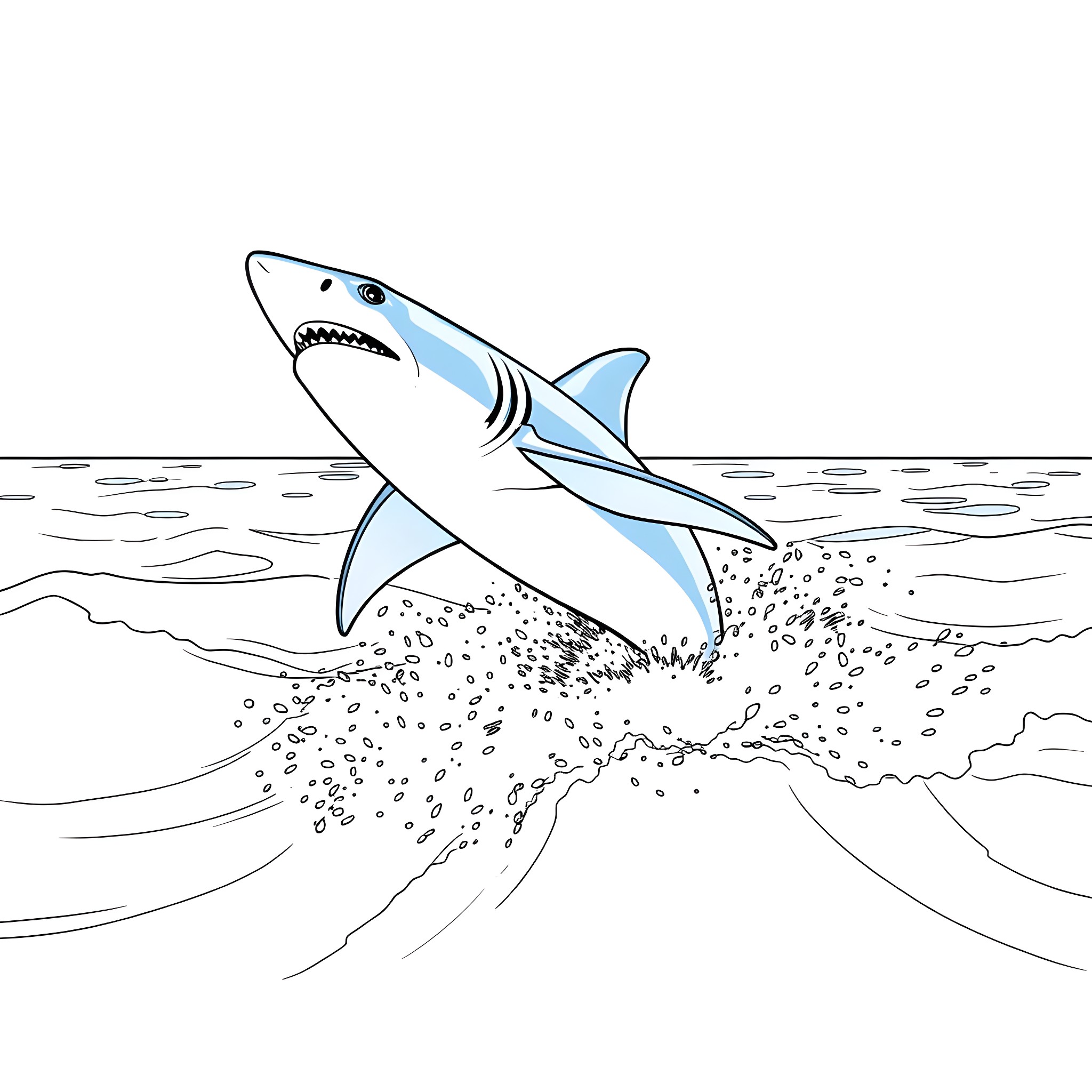 Shark jumping out of the water Coloring Page (free black-and-white line drawing printable PDF for all, from beginners to advanced learners, including children, teens, adults, and seniors)