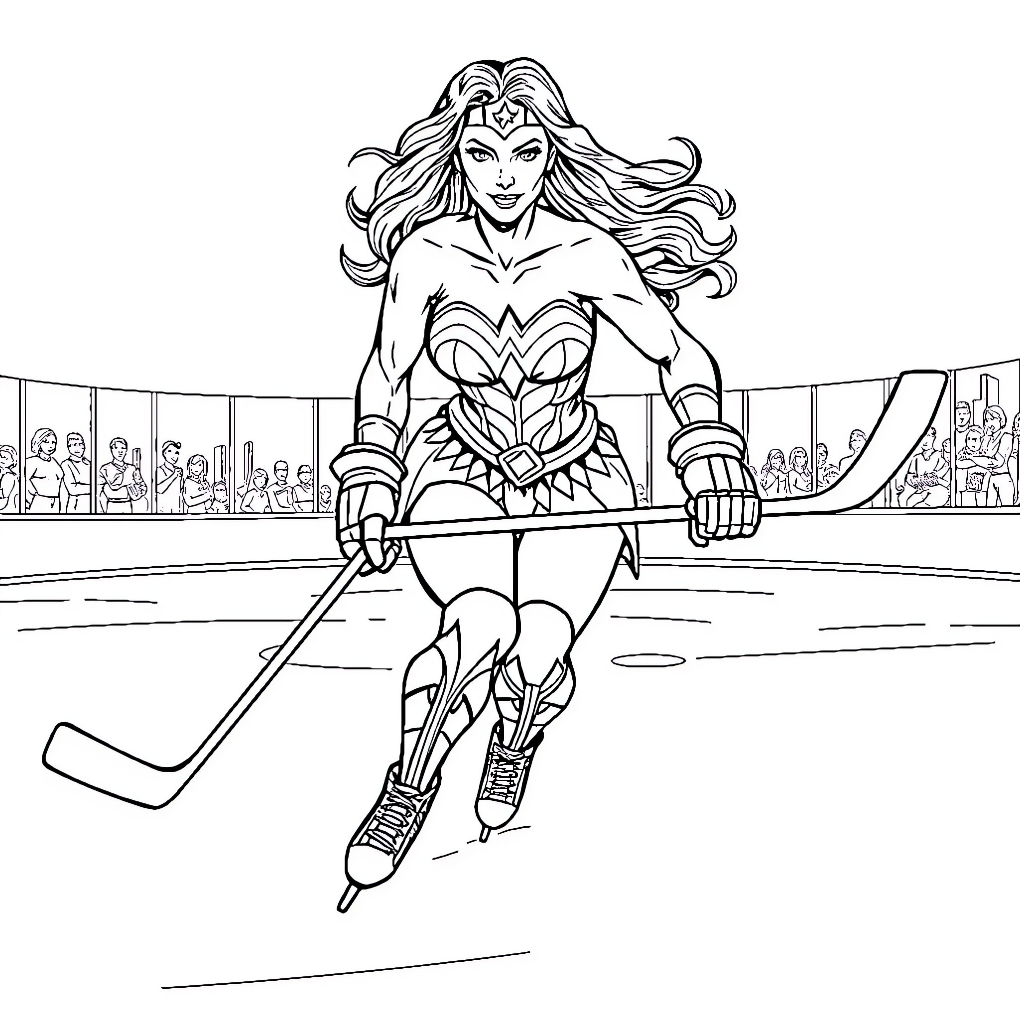 Wonder Woman Ice Hockey Action on the Rink Coloring Page (free black-and-white line drawing printable PDF for all, from beginners to advanced learners, including children, teens, adults, and seniors)