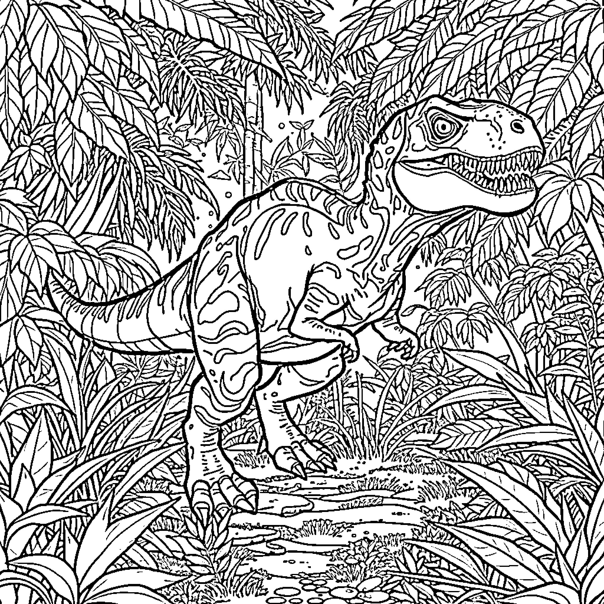 Mutadon Dinosaur in Lush Prehistoric Jungle Coloring Page (free black-and-white line drawing printable PDF for all, from beginners to advanced learners, including children, teens, adults, and seniors)