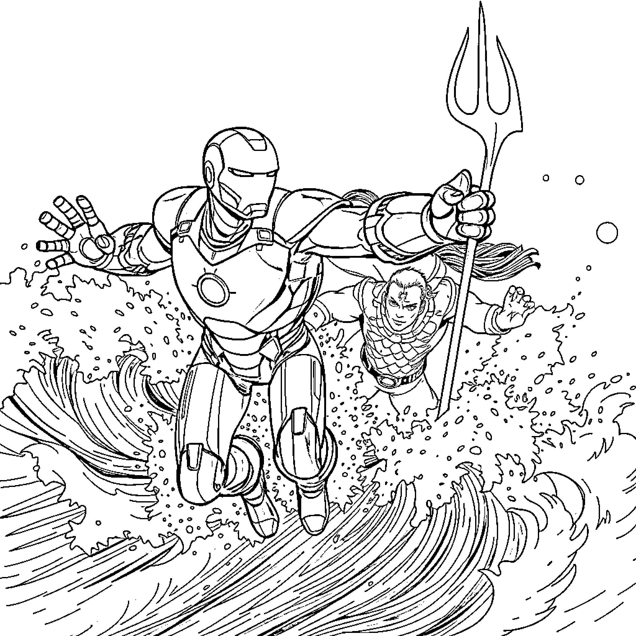 Iron Man and Aquaman's Underwater Adventure Coloring Page (free black-and-white line drawing printable PDF for all, from beginners to advanced learners, including children, teens, adults, and seniors)