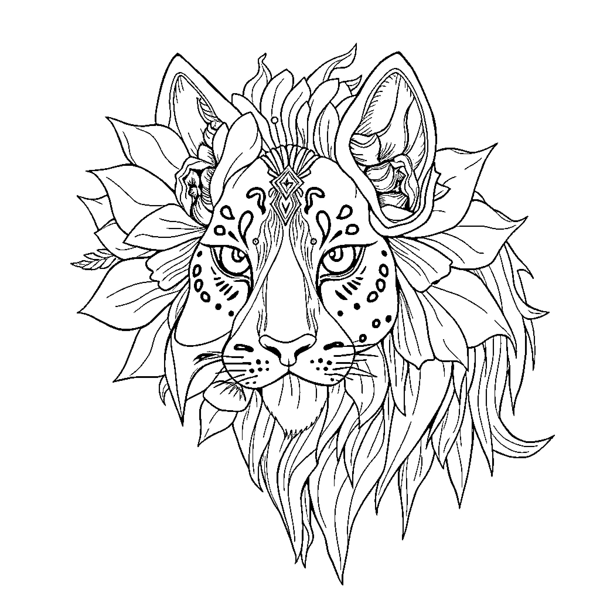 Art of Intricate Floral Lion Illustration Coloring Page (free black-and-white line drawing printable PDF for all, from beginners to advanced learners, including children, teens, adults, and seniors)