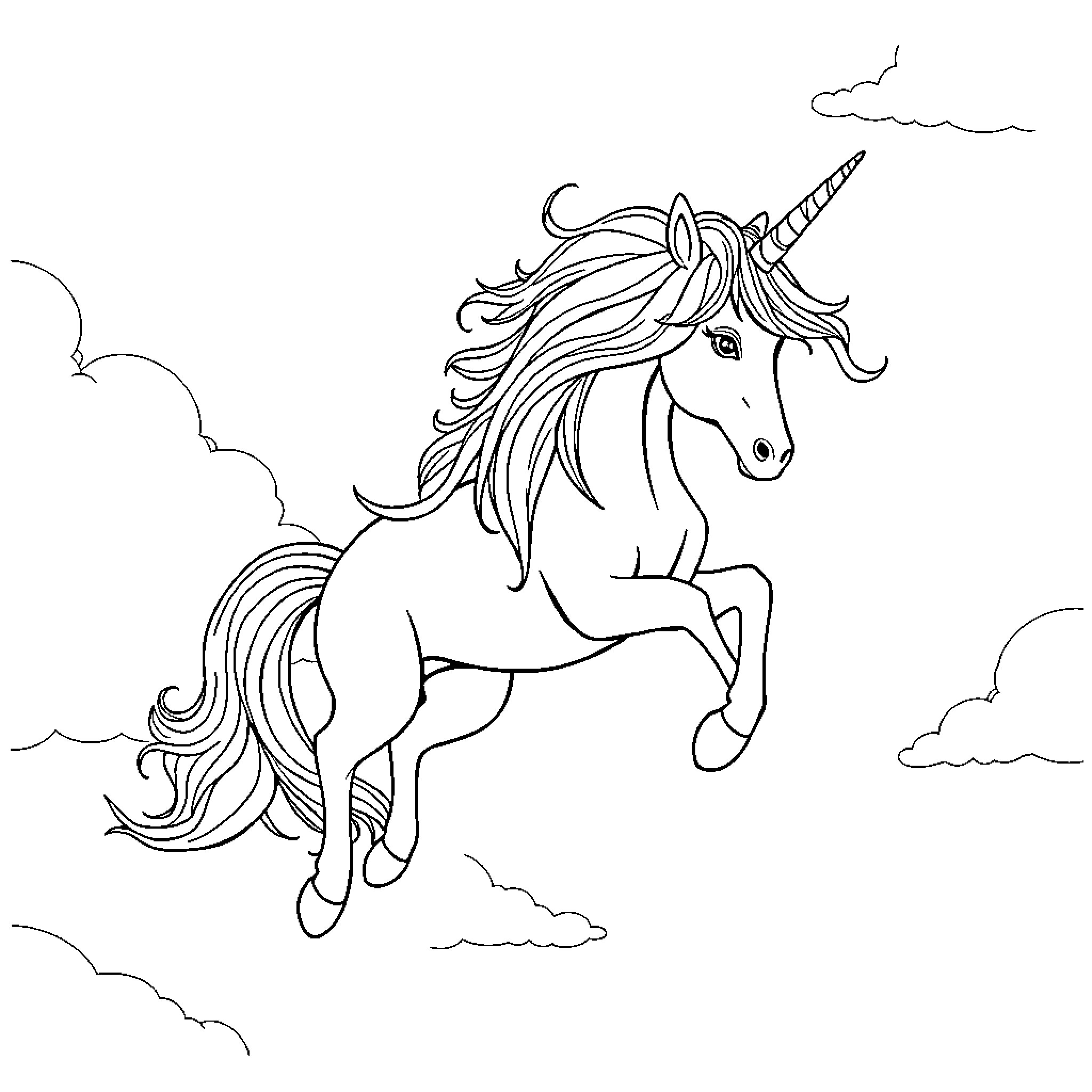Unicorn galloping through the clouds Coloring Page (free black-and-white line drawing printable PDF for all, from beginners to advanced learners, including children, teens, adults, and seniors)