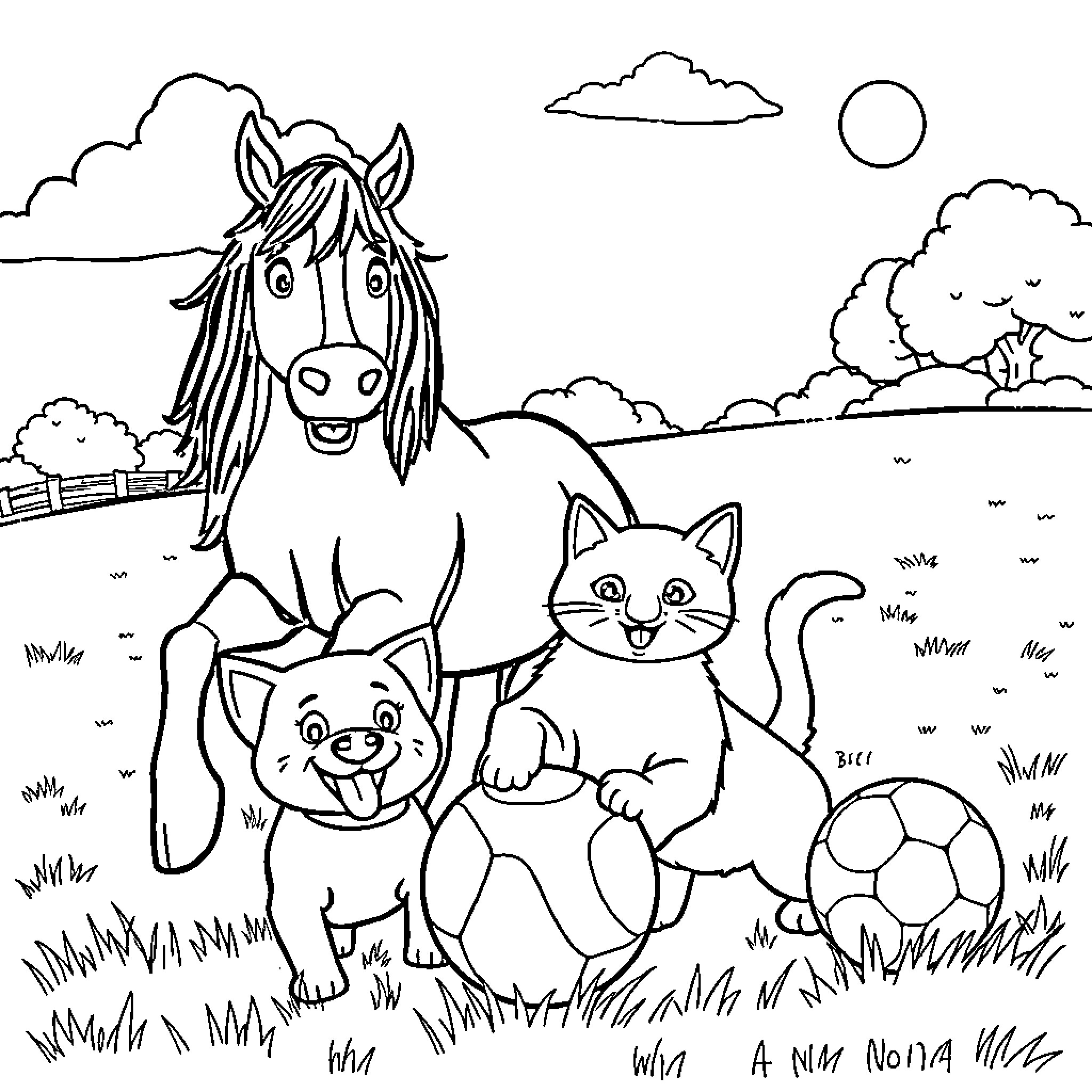 Dog, Cat, and Horse Playing in a Grassy Field Coloring Page (free black-and-white line drawing printable PDF for all, from beginners to advanced learners, including children, teens, adults, and seniors)