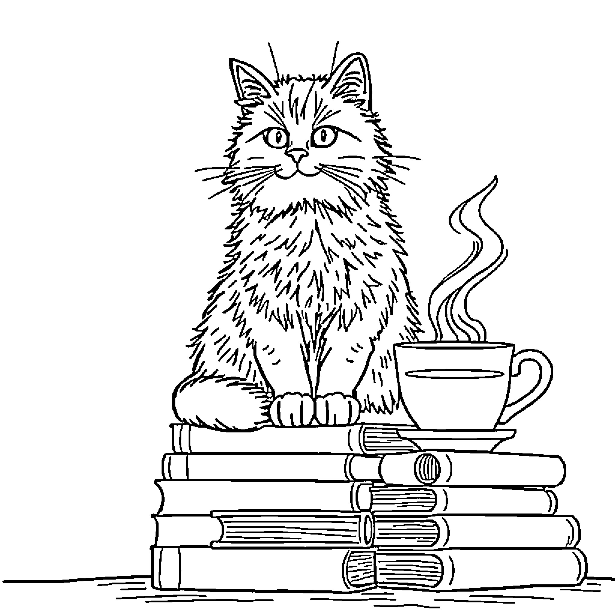 Cat sitting on books with a cup of coffee Coloring Page (free black-and-white line drawing printable PDF for all, from beginners to advanced learners, including children, teens, adults, and seniors)
