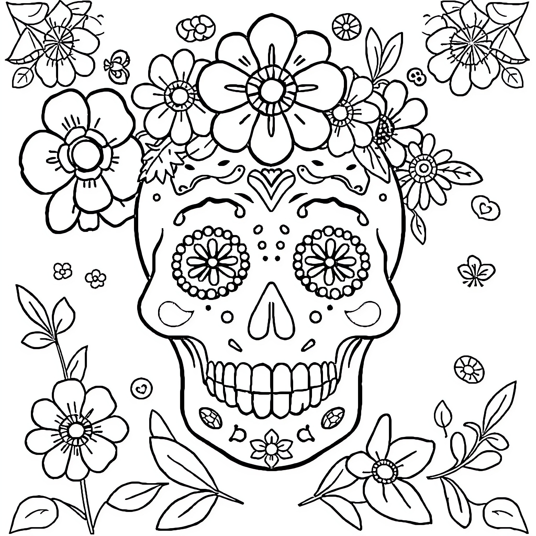 Skull surrounded by intricate floral patterns Coloring Page (free black-and-white line drawing printable PDF for all, from beginners to advanced learners, including children, teens, adults, and seniors)