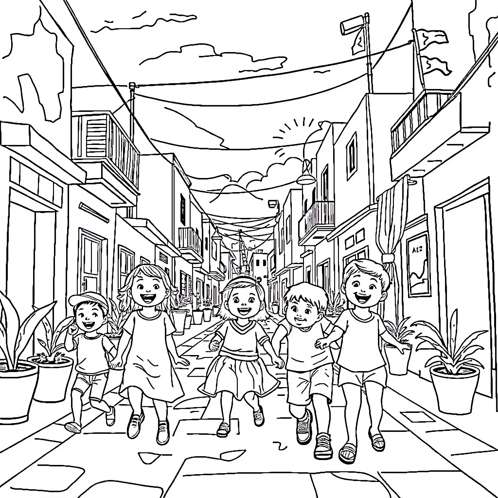 Children playing happily on the city street Coloring Page (free black-and-white line drawing printable PDF for all, from beginners to advanced learners, including children, teens, adults, and seniors)