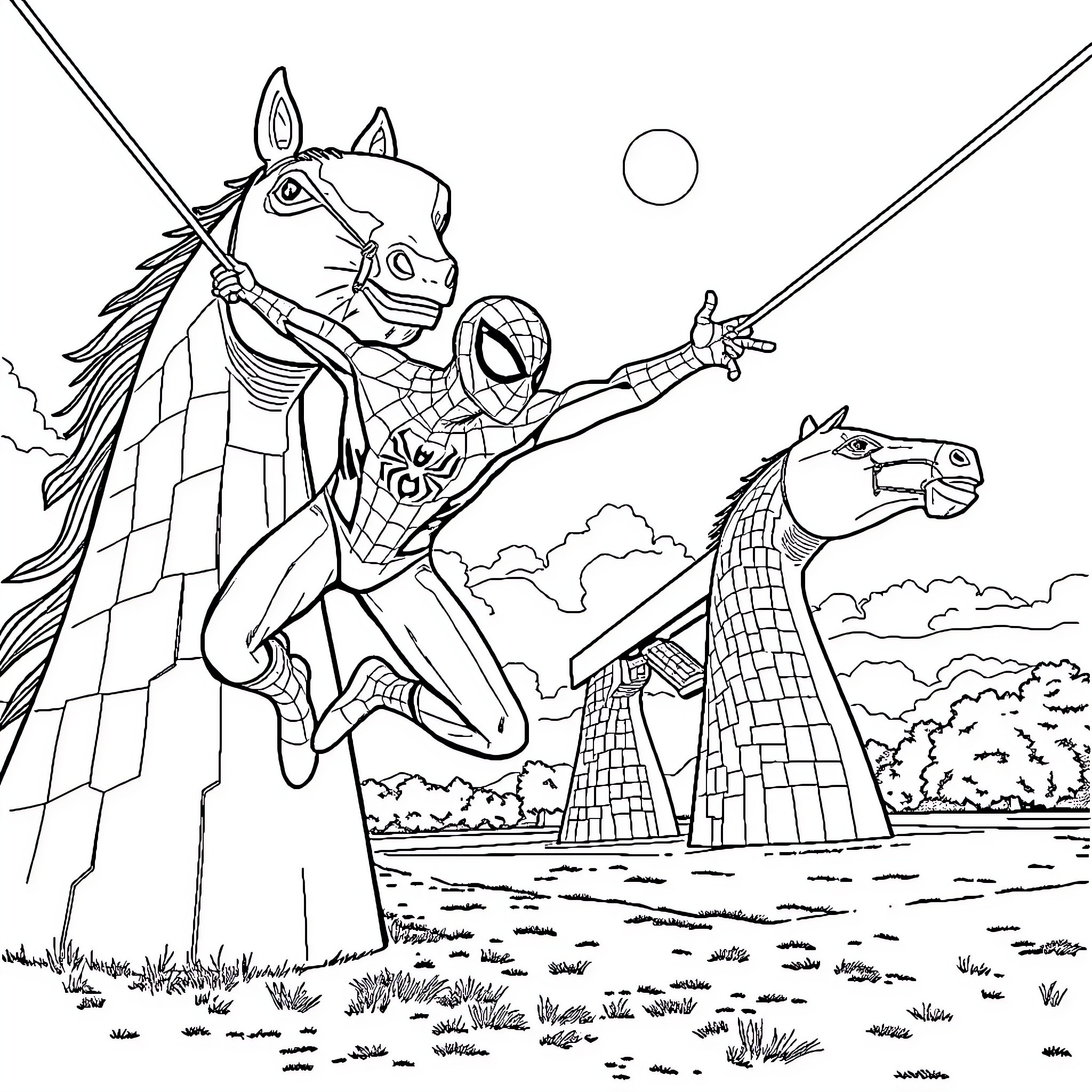 Spiderman swinging on horses in an epic adventure Coloring Page (free black-and-white line drawing printable PDF for all, from beginners to advanced learners, including children, teens, adults, and seniors)