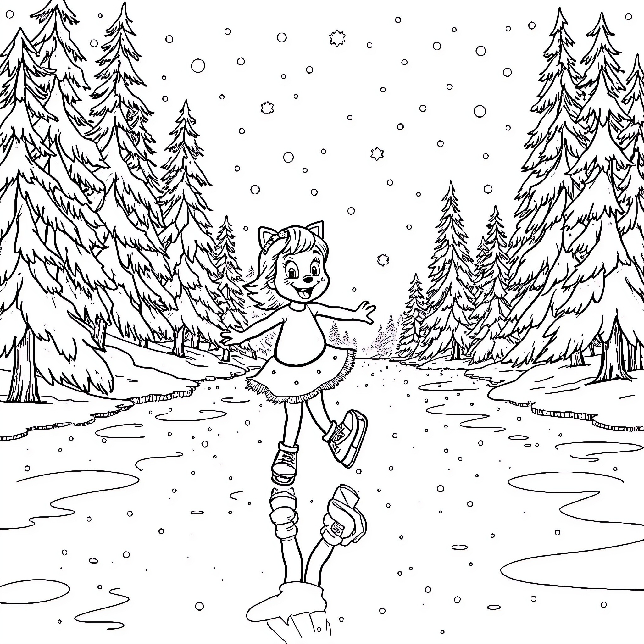 Bluey ice skating in the snowy forest Coloring Page (free black-and-white line drawing printable PDF for all, from beginners to advanced learners, including children, teens, adults, and seniors)