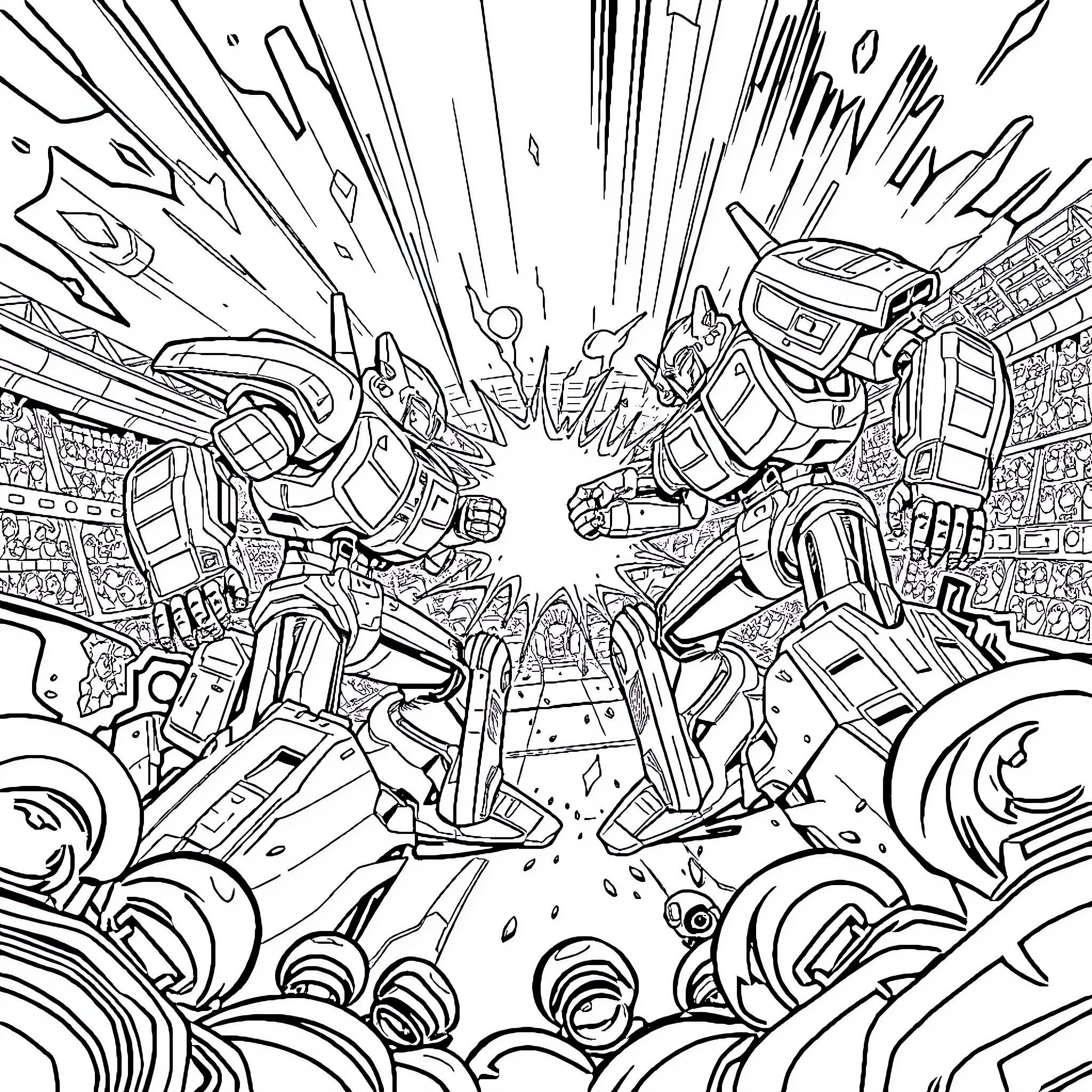 Battlebot robots engaged in intense combat Coloring Page (free black-and-white line drawing printable PDF for all, from beginners to advanced learners, including children, teens, adults, and seniors)