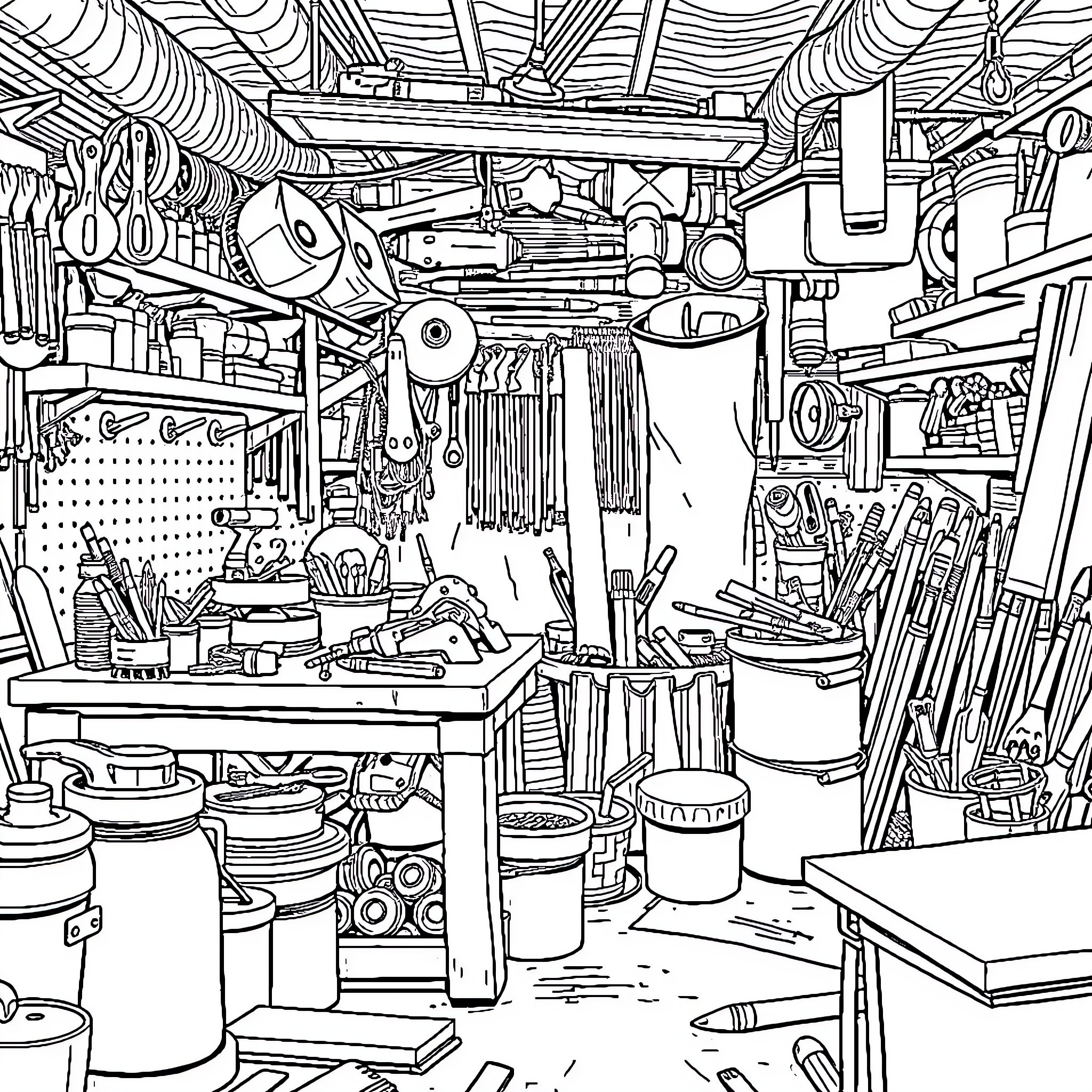Workshop of Cluttered Tools and Supplies Coloring Page (free black-and-white line drawing printable PDF for all, from beginners to advanced learners, including children, teens, adults, and seniors)