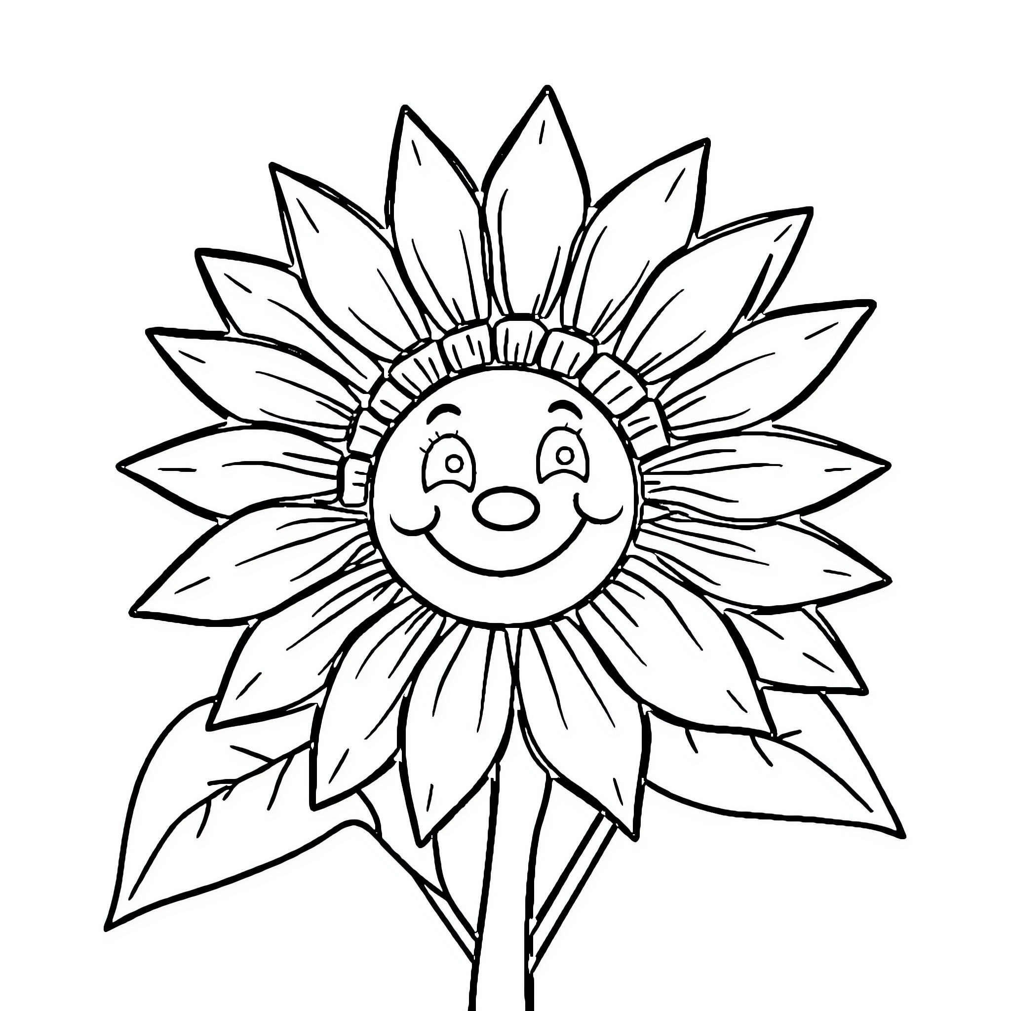 Sunflower with a smiling face Coloring Page (free black-and-white line drawing printable PDF for all, from beginners to advanced learners, including children, teens, adults, and seniors)