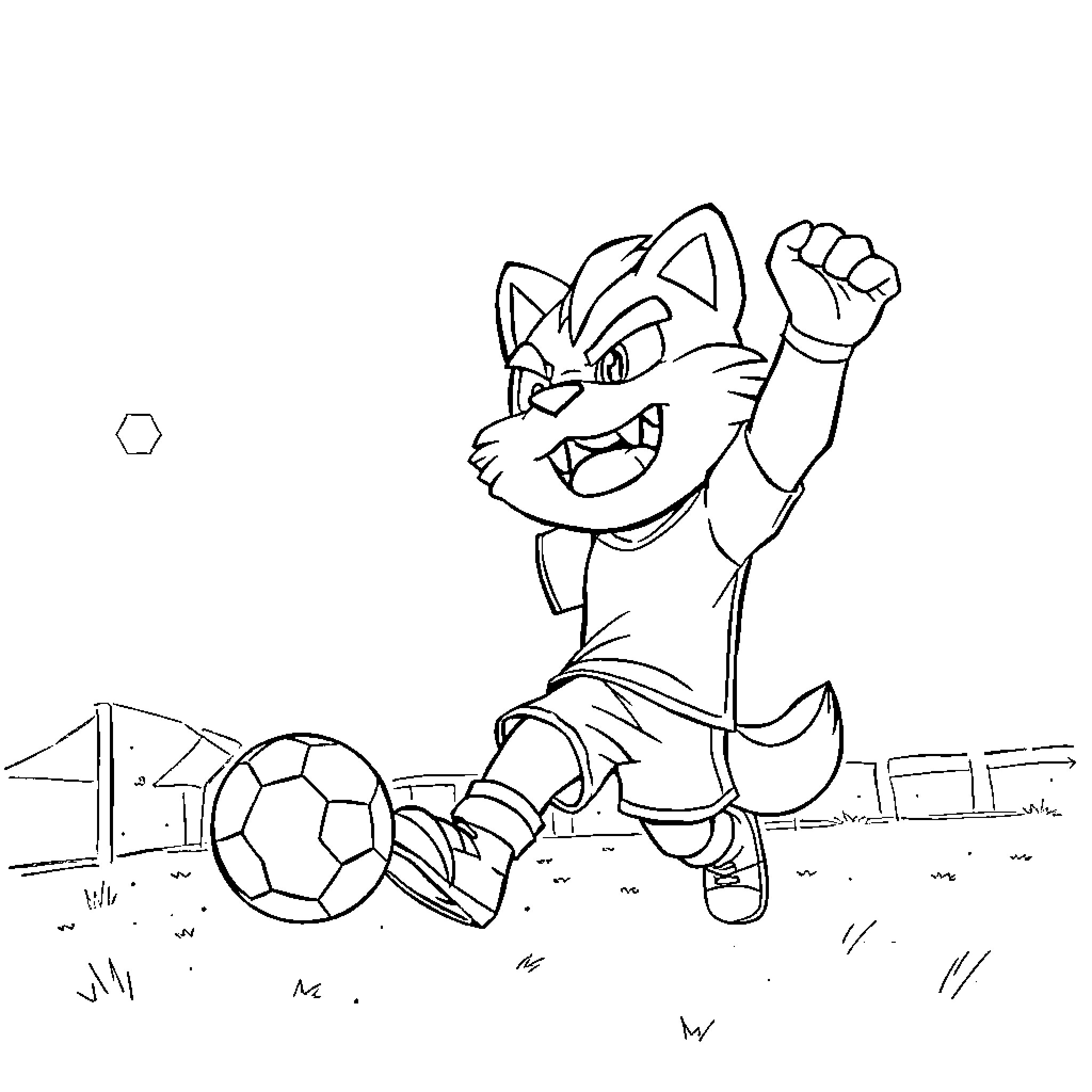Brawlstars Fang playing soccer on the field Coloring Page (free black-and-white line drawing printable PDF for all, from beginners to advanced learners, including children, teens, adults, and seniors)