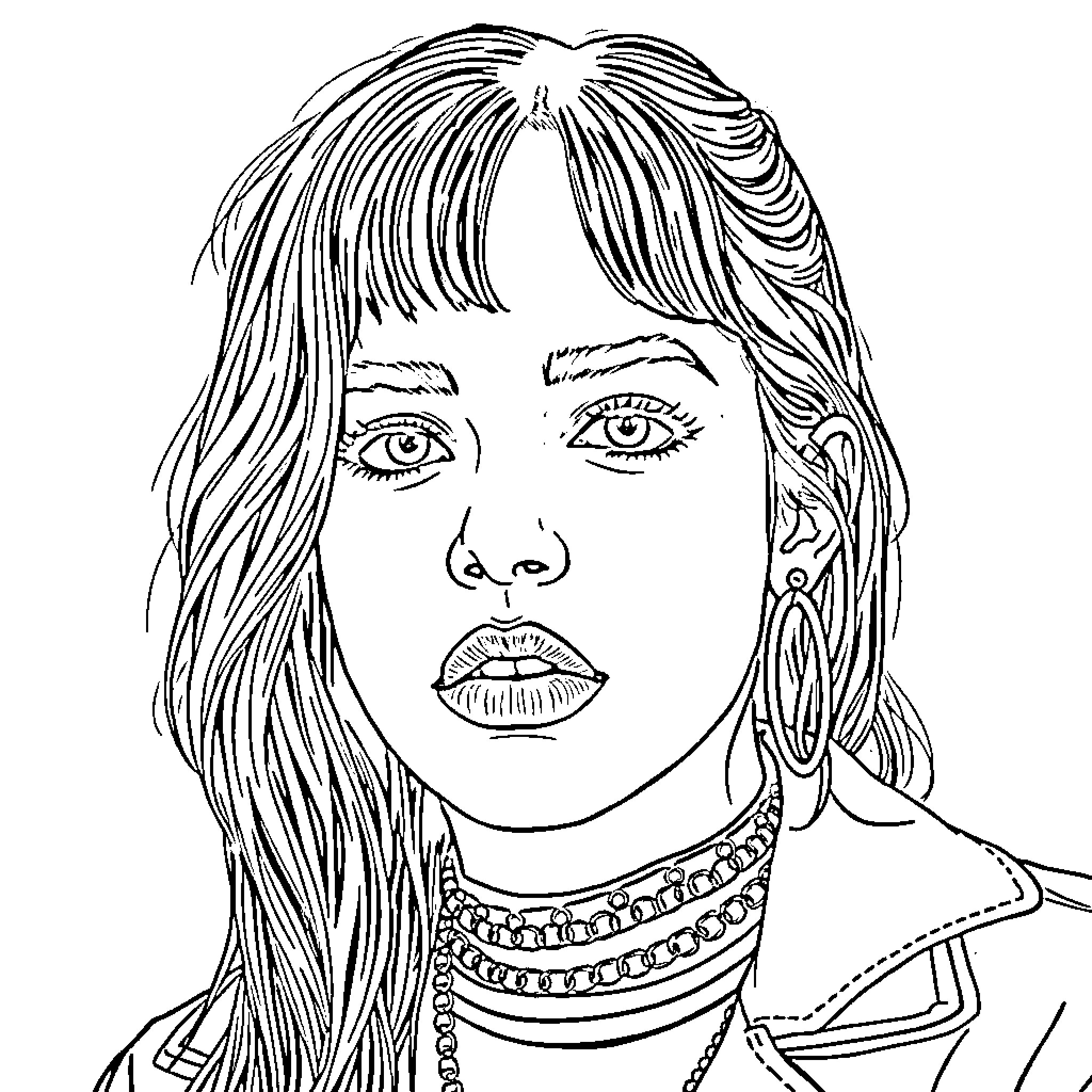 Billie Eilish in an expressive portrait Coloring Page (free black-and-white line drawing printable PDF for all, from beginners to advanced learners, including children, teens, adults, and seniors)