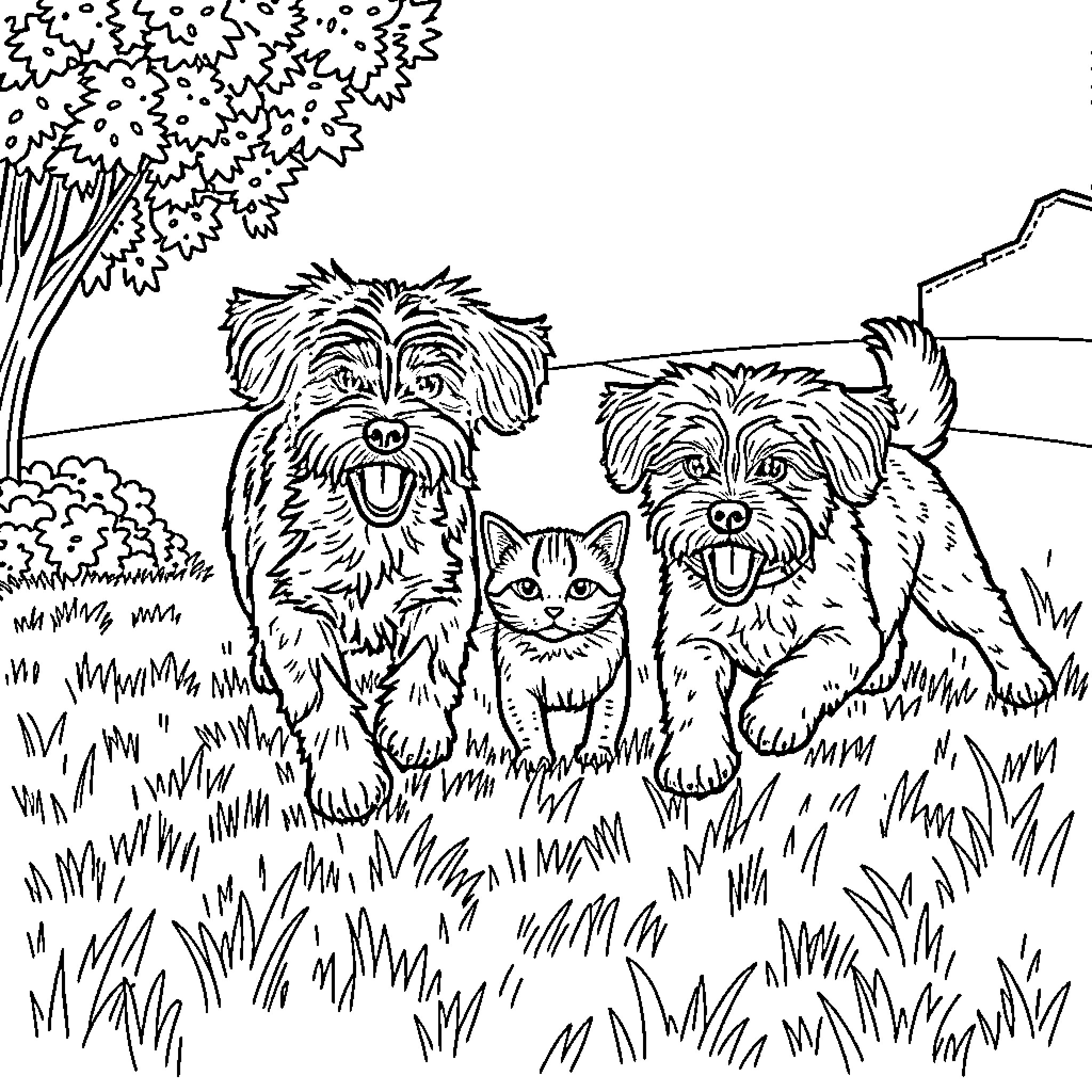 Dog and Kittens Playing in the Park Coloring Page (free black-and-white line drawing printable PDF for all, from beginners to advanced learners, including children, teens, adults, and seniors)