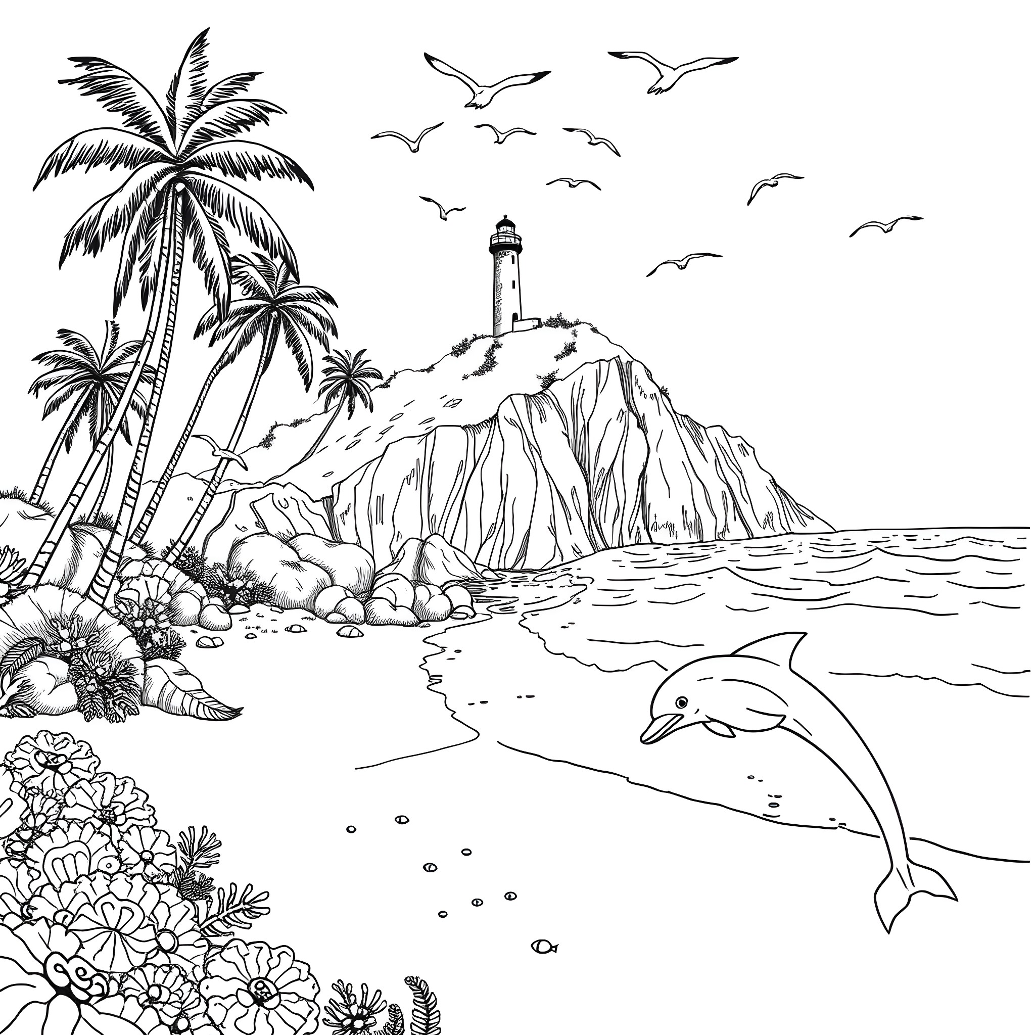 Ocean scene with lighthouse, palm trees, and dolphins Coloring Page (free black-and-white line drawing printable PDF for all, from beginners to advanced learners, including children, teens, adults, and seniors)