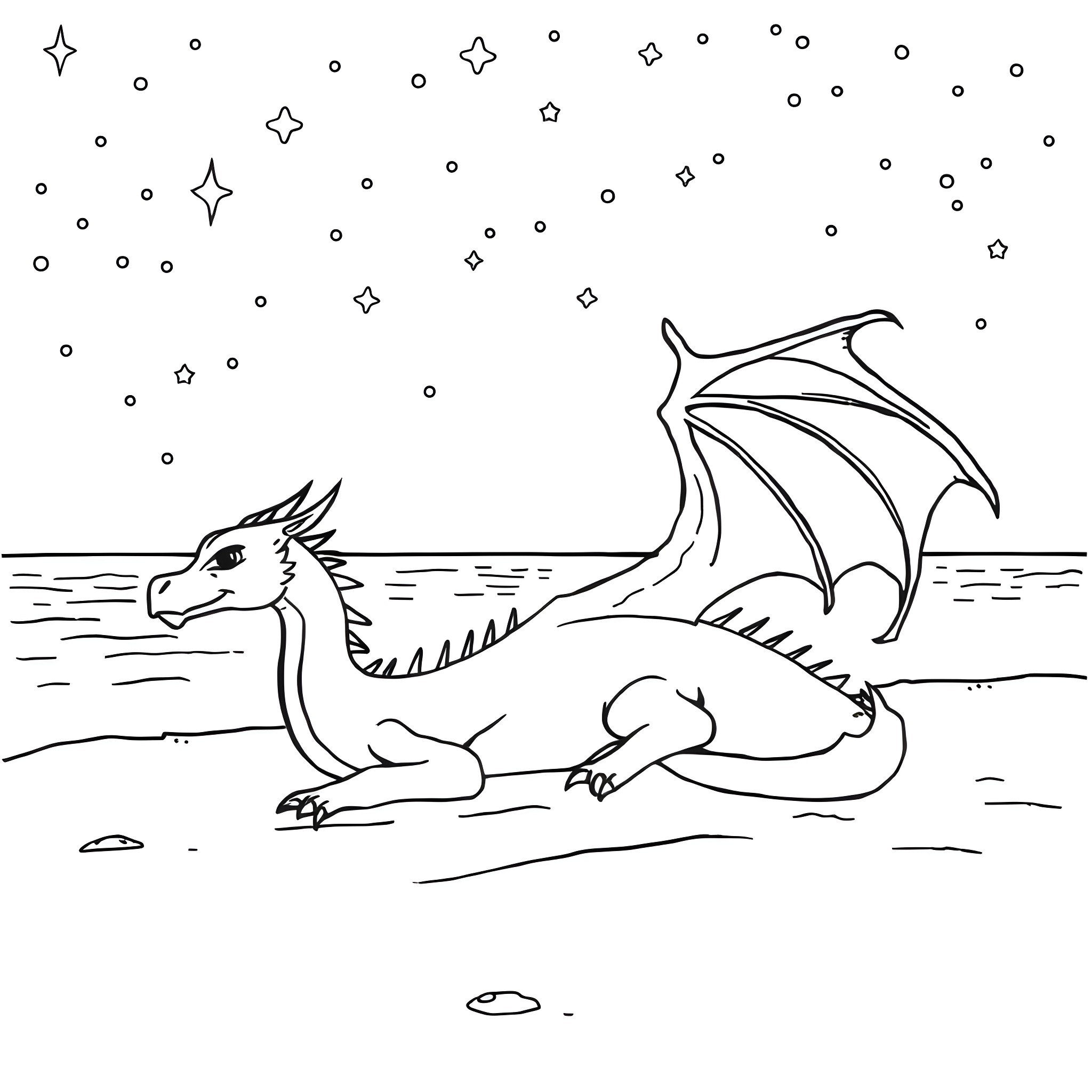 Dragon relaxing under the starry sky Coloring Page (free black-and-white line drawing printable PDF for all, from beginners to advanced learners, including children, teens, adults, and seniors)