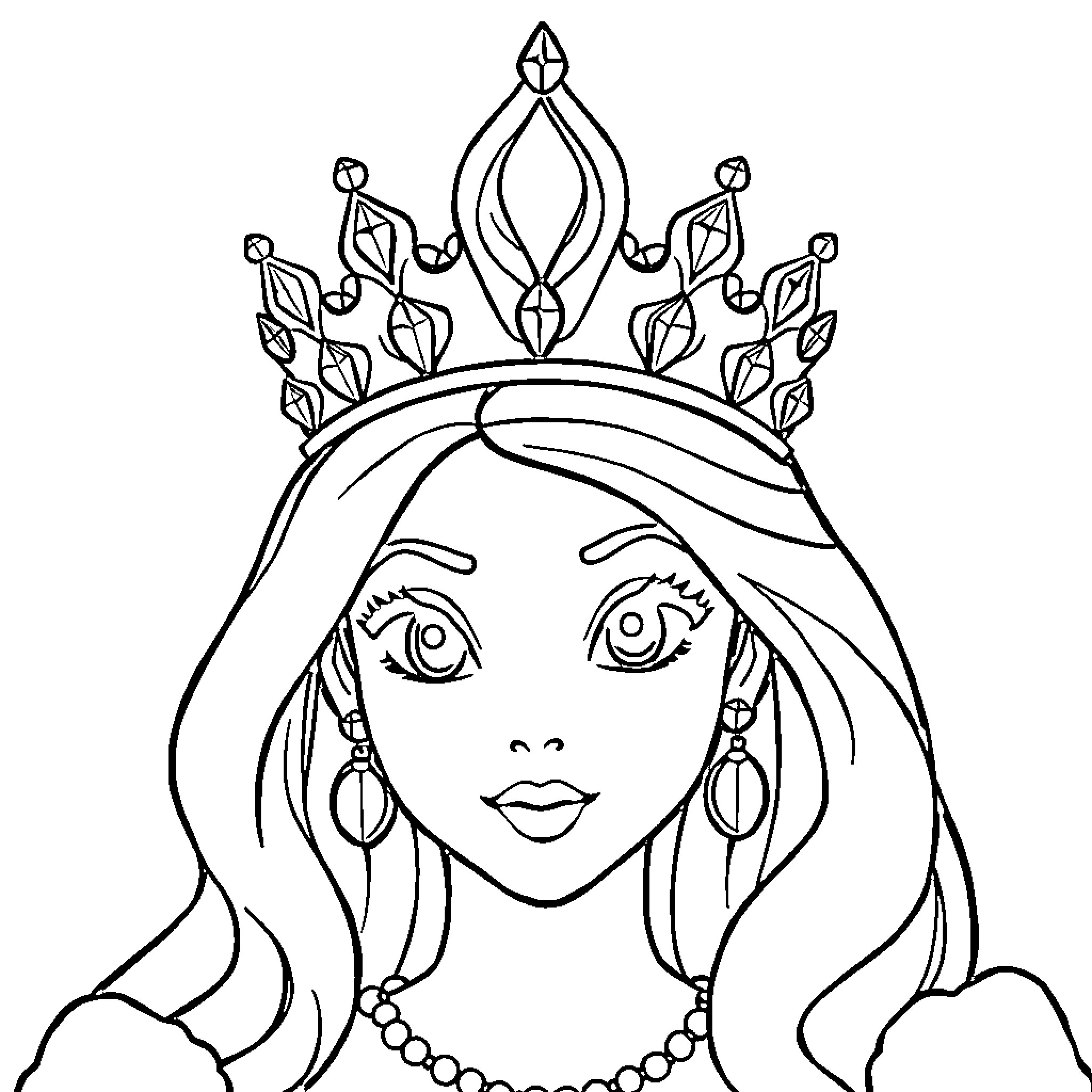 Princess with Elegant Tiara and Pearls Coloring Page (free black-and-white line drawing printable PDF for all, from beginners to advanced learners, including children, teens, adults, and seniors)