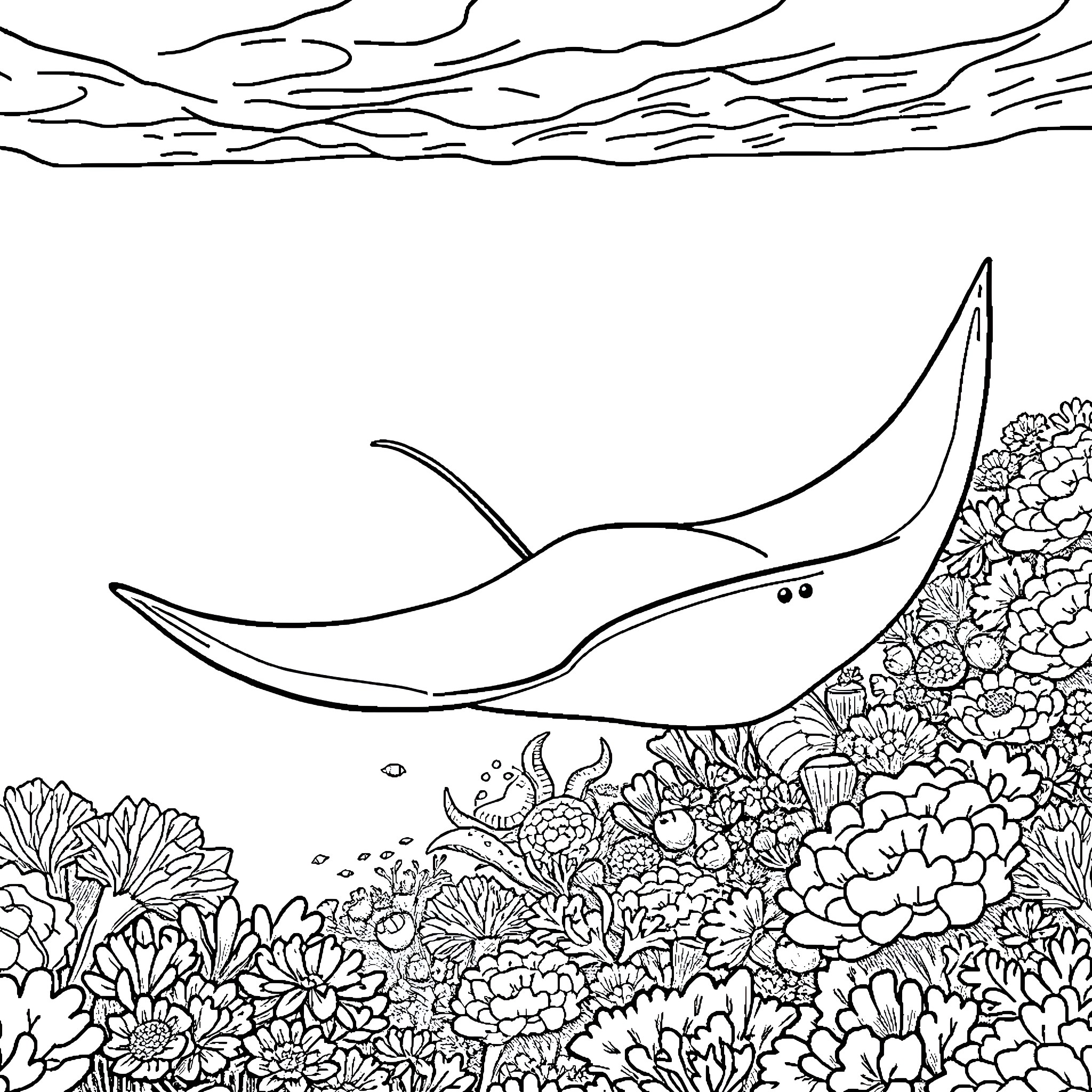 Stingray swimming gracefully through coral reef Coloring Page (free black-and-white line drawing printable PDF for all, from beginners to advanced learners, including children, teens, adults, and seniors)