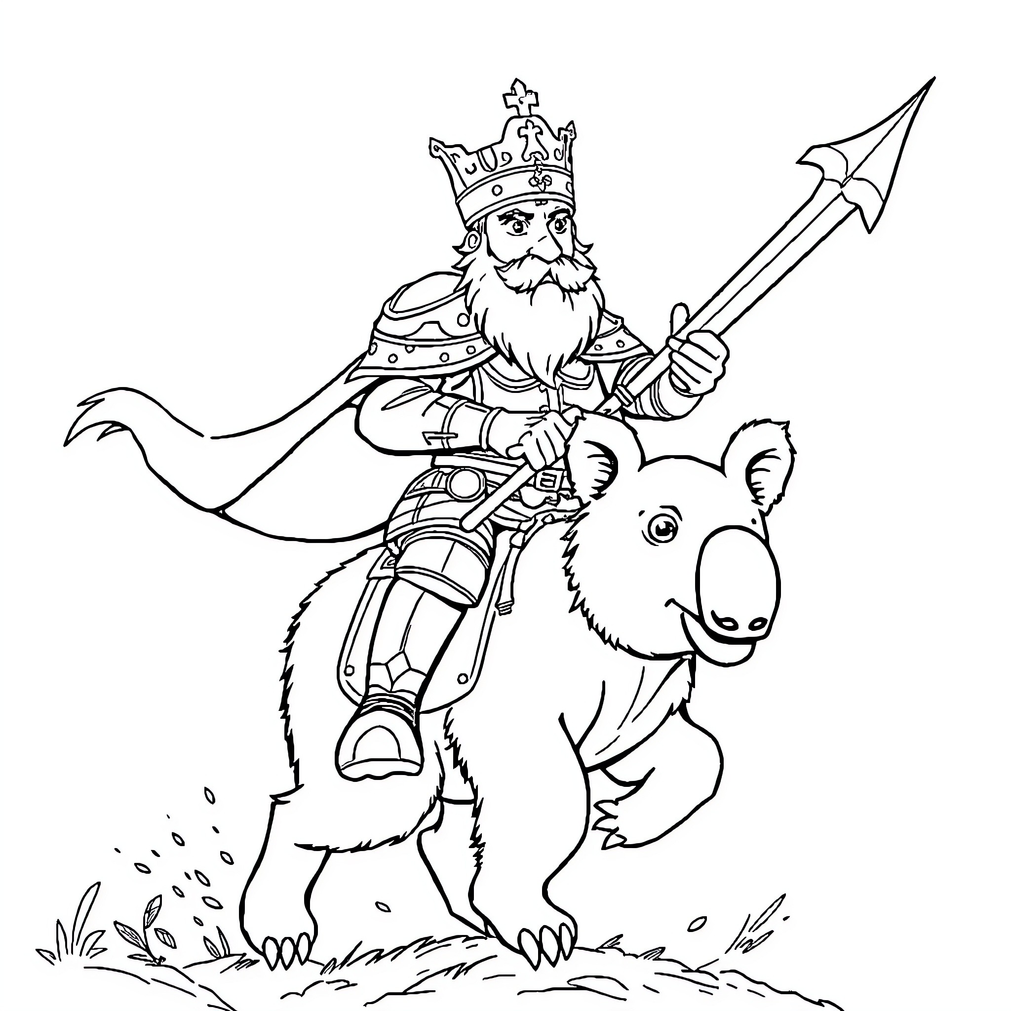 King Riding a Majestic Creature with Spear Coloring Page (free black-and-white line drawing printable PDF for all, from beginners to advanced learners, including children, teens, adults, and seniors)